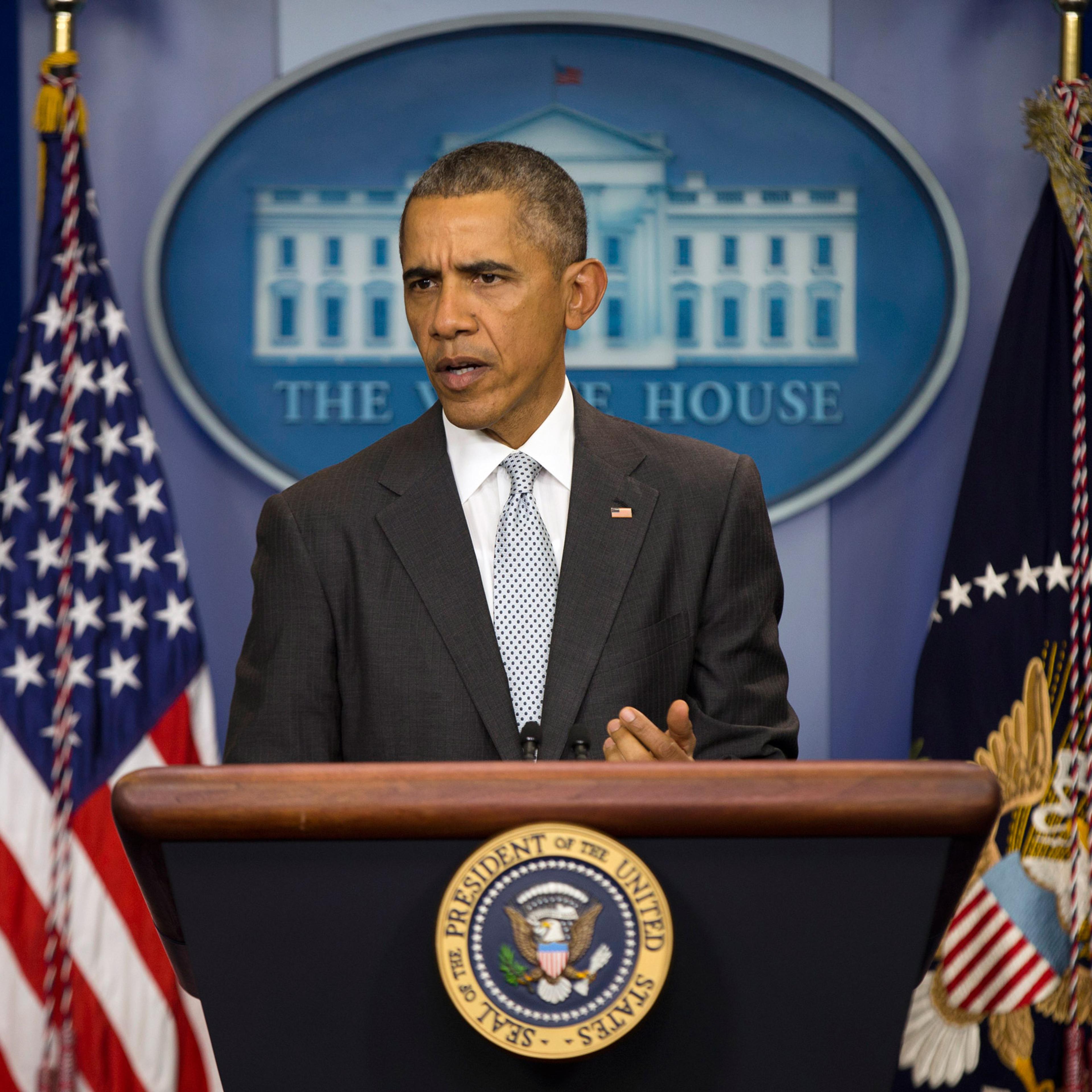 President Barack Obama speaks about attacks in Paris from the briefing room of the White House, on Friday, Nov. 13, 2015, in Washington. Obama is calling the attacks on Paris an "outrageous attempt to terrorize innocent civilians" and vows to do whatever