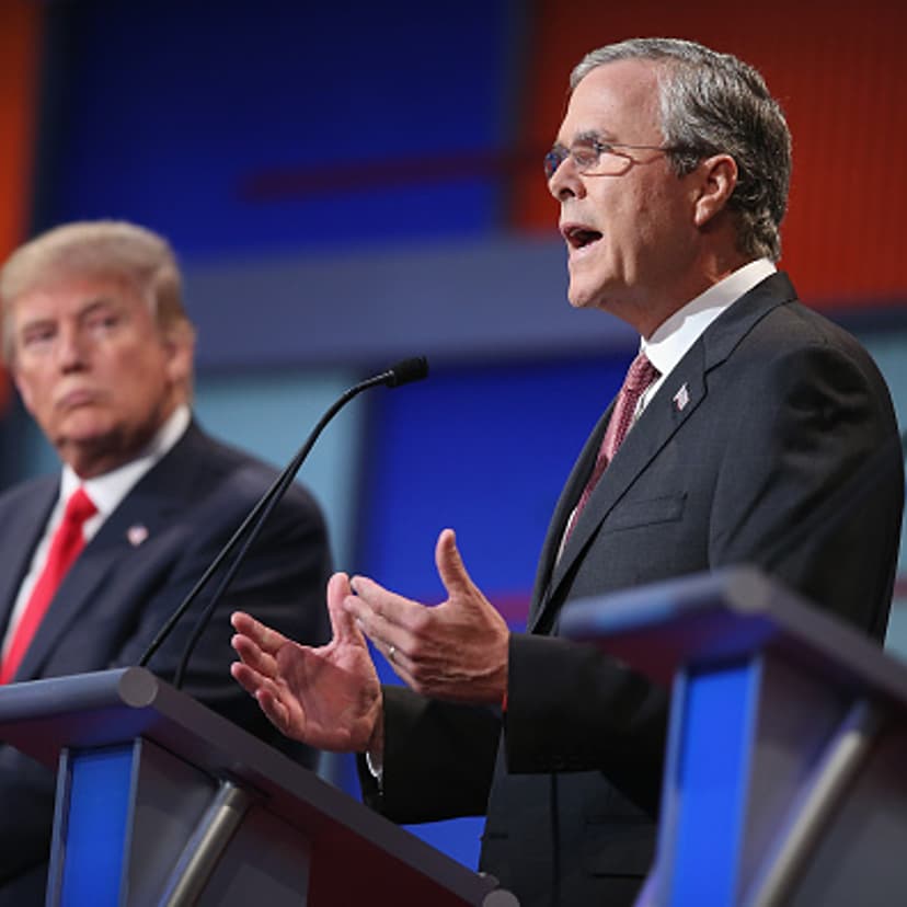 Former Florida Gov. Jeb Bush and real estate mogul Donald Trump at the first Republican debate on August 6, 2015 in Cleveland, Ohio.
