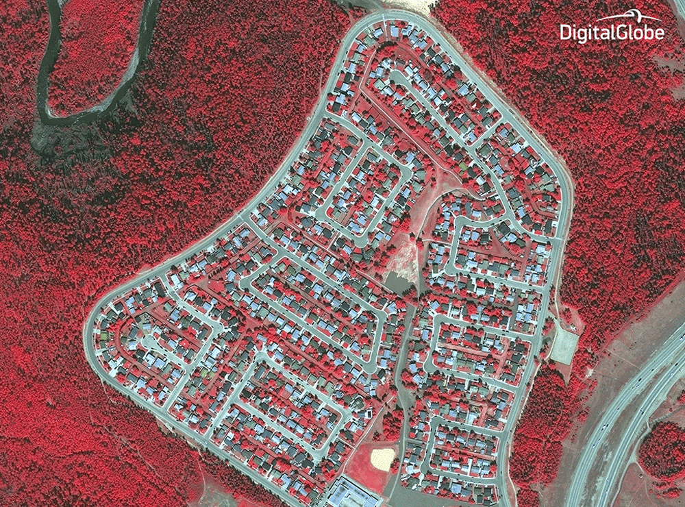 A before-after gif of satellite images captured May 29, 2015, and May 5, 2016, by DigitalGlobe, using short wave infrared imagery, shows the destruction in the Beacon Hill neighborhood of Fort McMurray, the oil boomtown in Alberta, Canada, which has been