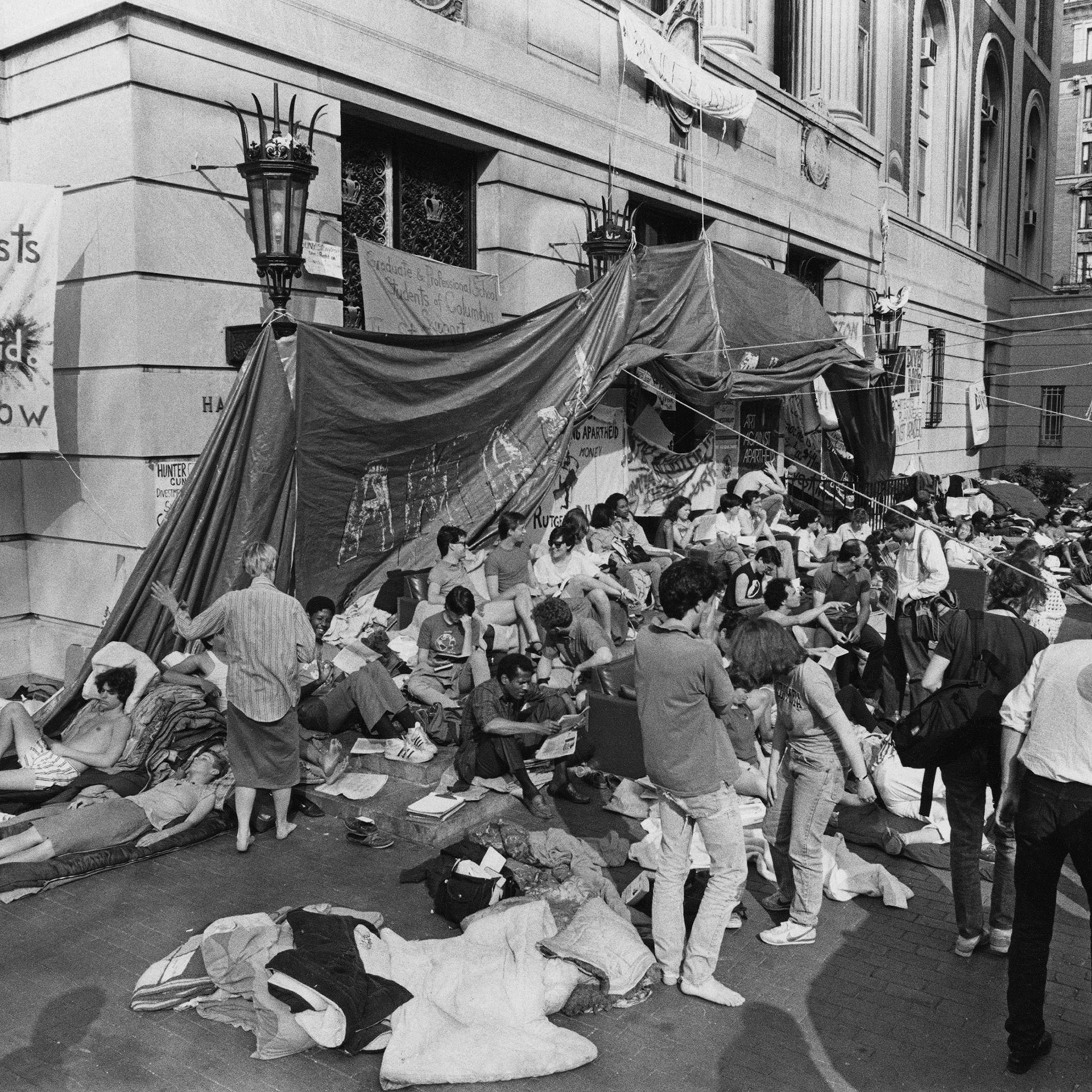 Columbia University students protest against apartheid in front of Hamilton Hall. in New York City, on April 4, 1984, calling for divestment from South Africa.