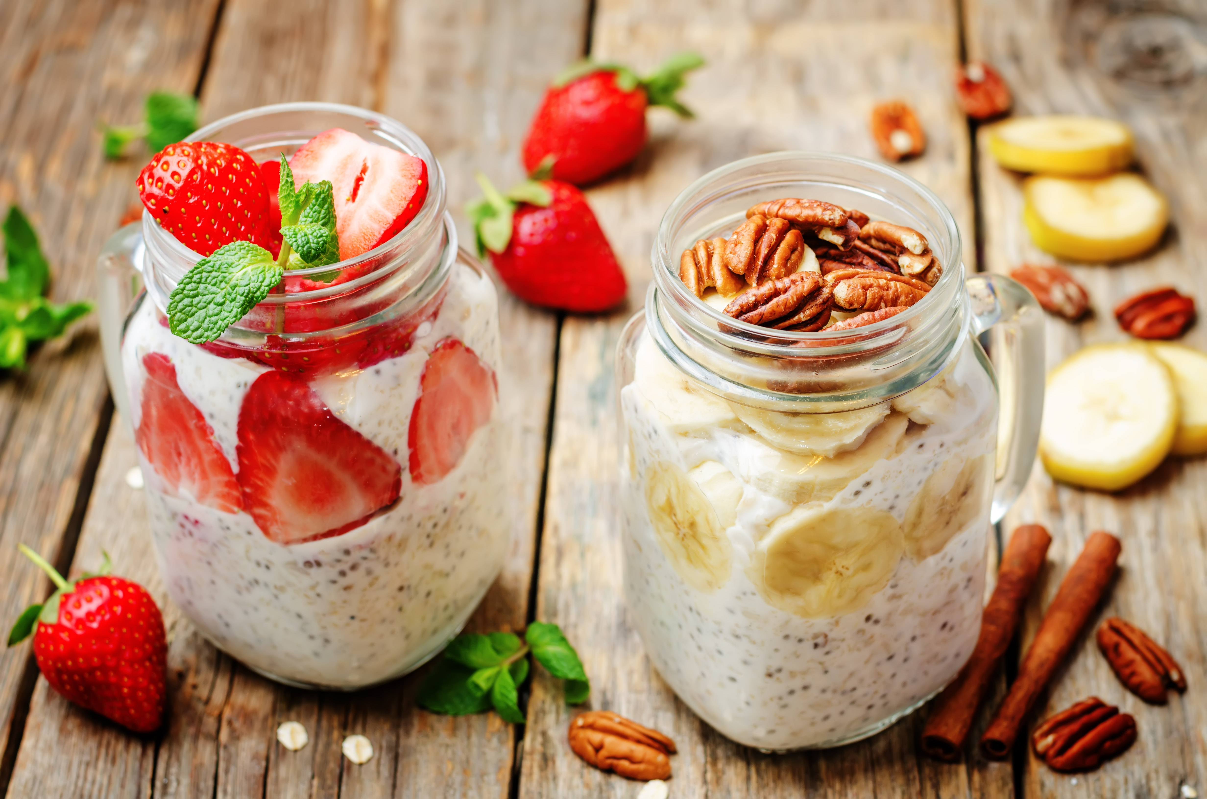 homemade healthy Chia seeds banana pecan and strawberry overnight oatmeal