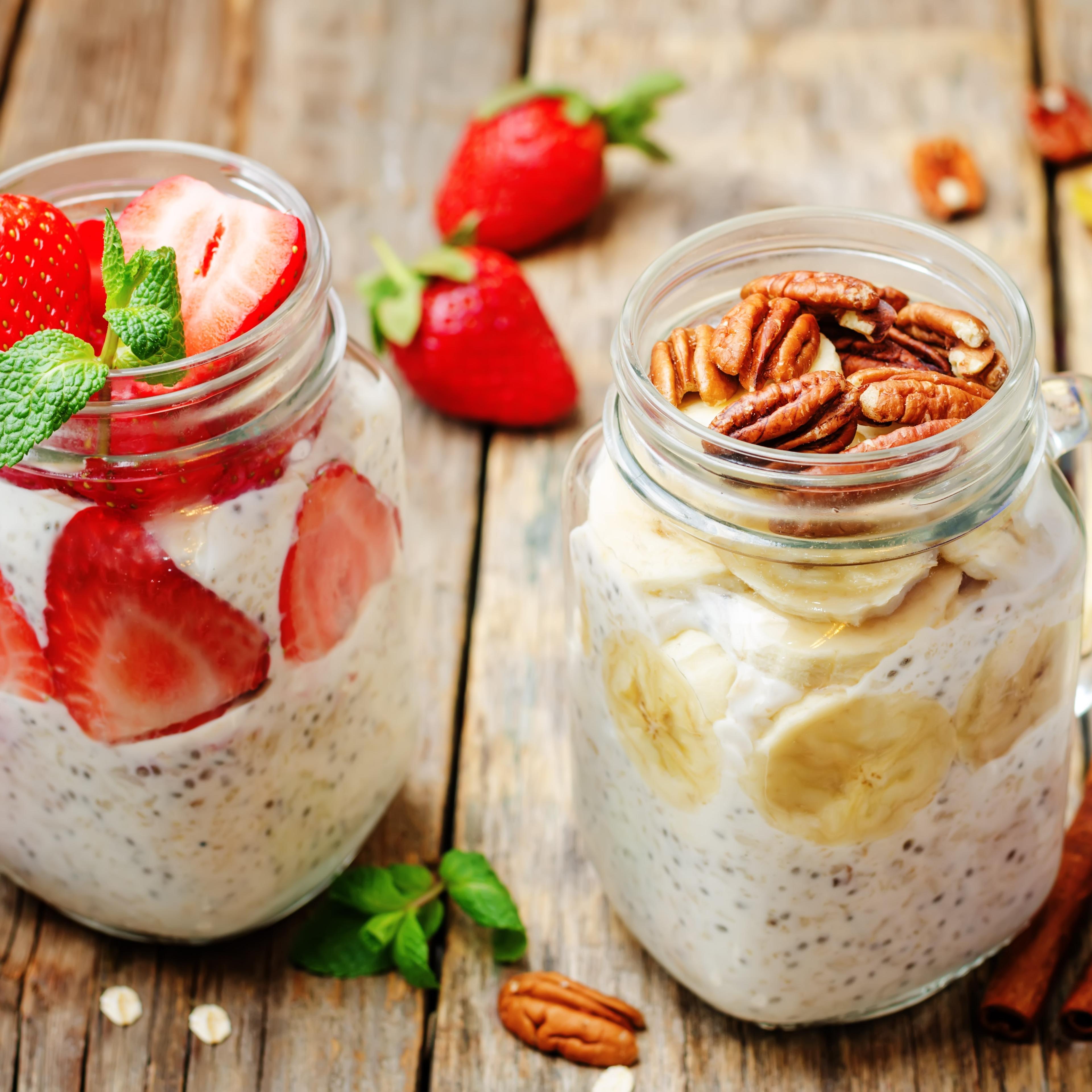 homemade healthy Chia seeds banana pecan and strawberry overnight oatmeal
