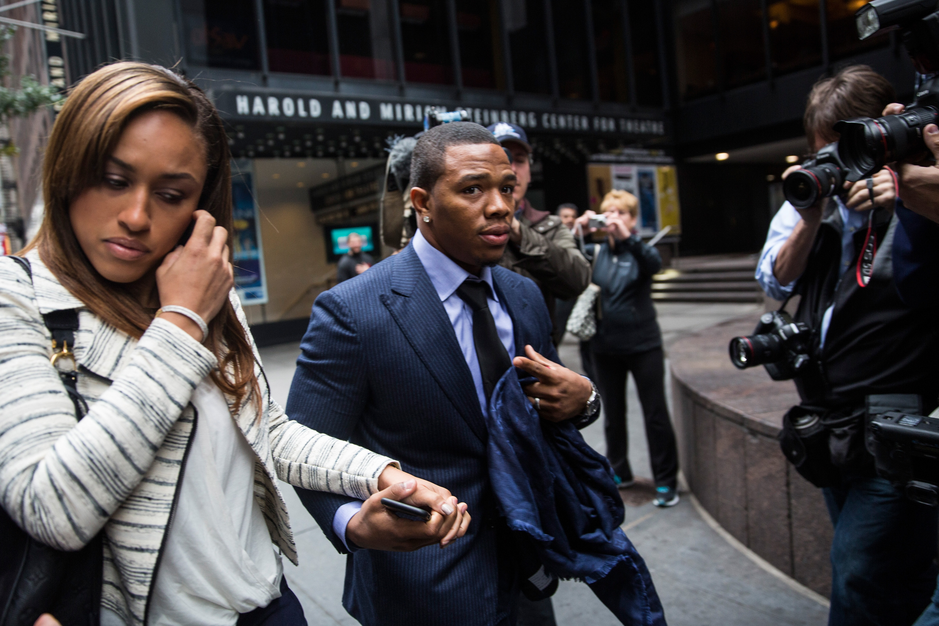 From left: Janay and Ray Rice arrive for a hearing on Nov. 5, 2014 in New York City.