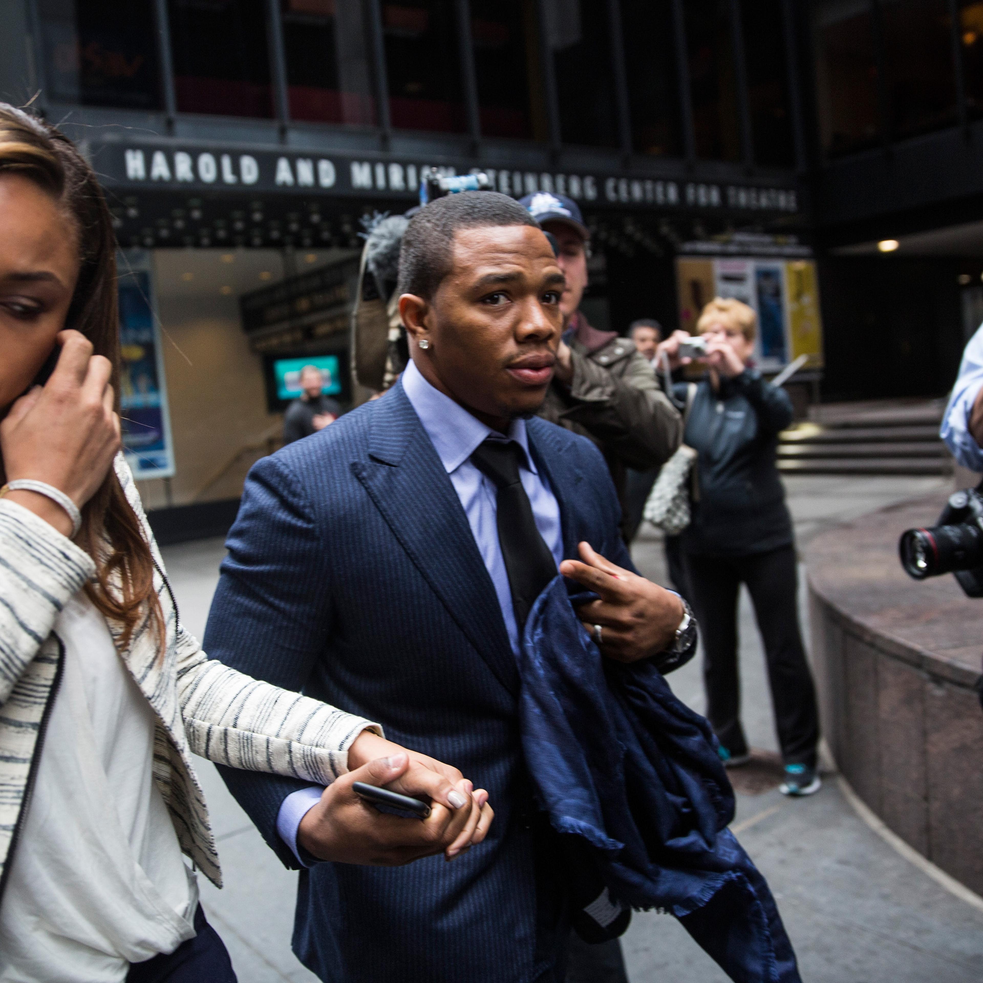 From left: Janay and Ray Rice arrive for a hearing on Nov. 5, 2014 in New York City.