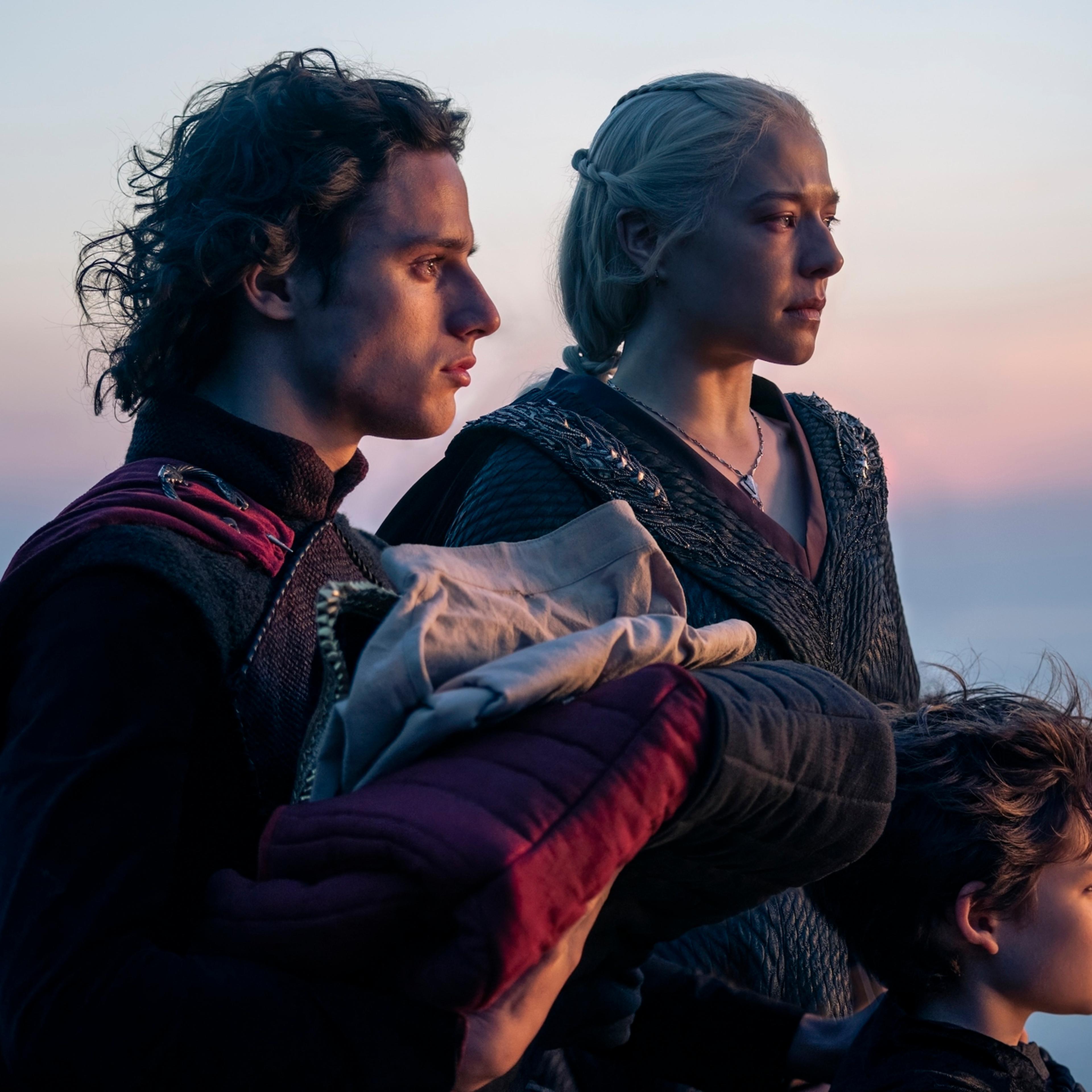 (L-R): Harry Collett as Jacaerys Velaryon, Emma D'Arcy as Rhaenyra Targaryen, and Oscar Eskinazi as Joffrey Velaryon in 'House of the Dragon' Season 2.
