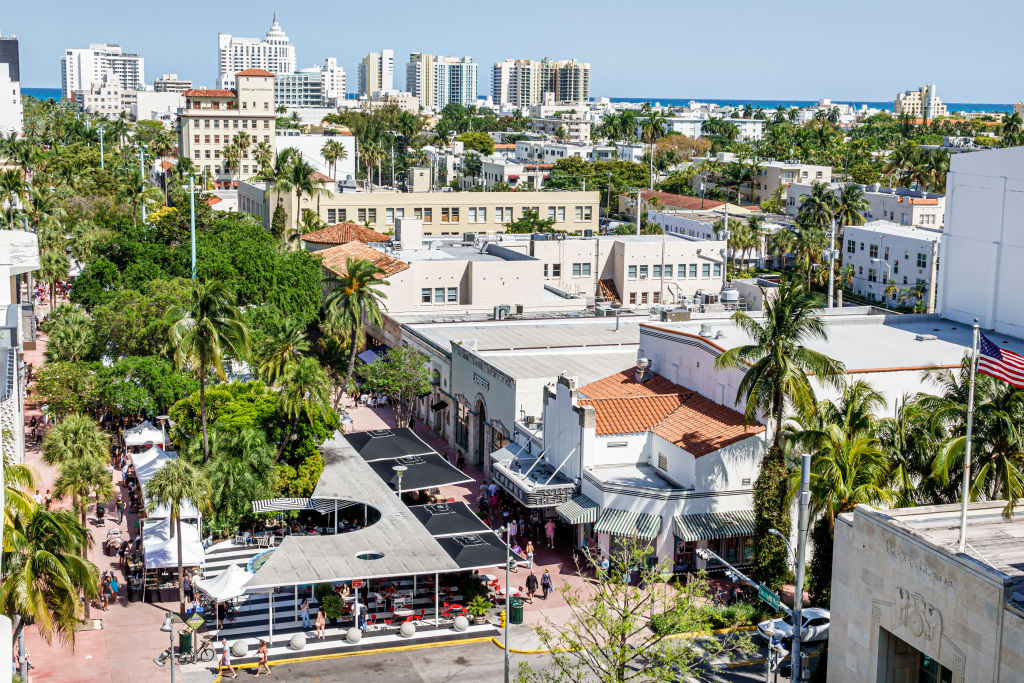 Miami Beach, Florida, Lincoln Road Pedestrian Mall high angle view of city