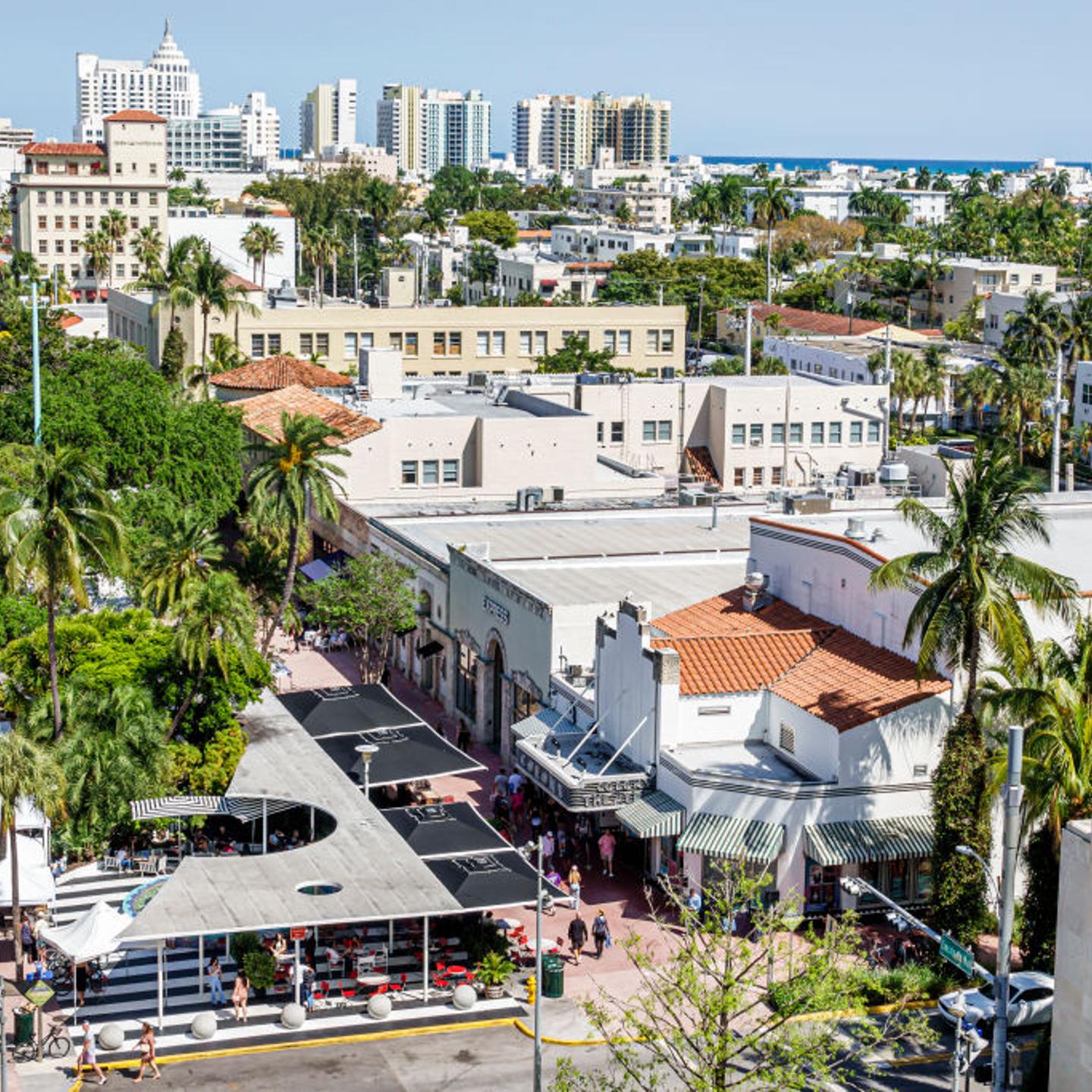 Miami Beach, Florida, Lincoln Road Pedestrian Mall high angle view of city