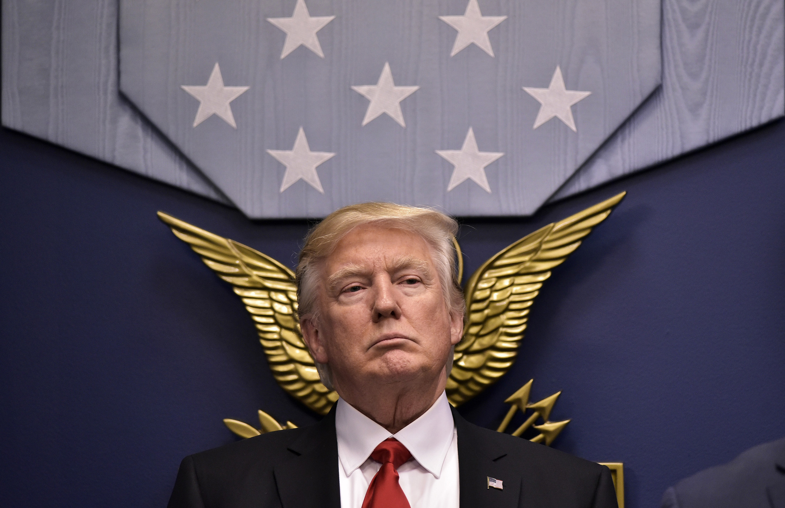 President Donald Trump speaks following the ceremonial swearing-in of James Mattis as secretary of defense at the Pentagon in Washington, on Jan. 27, 2017.