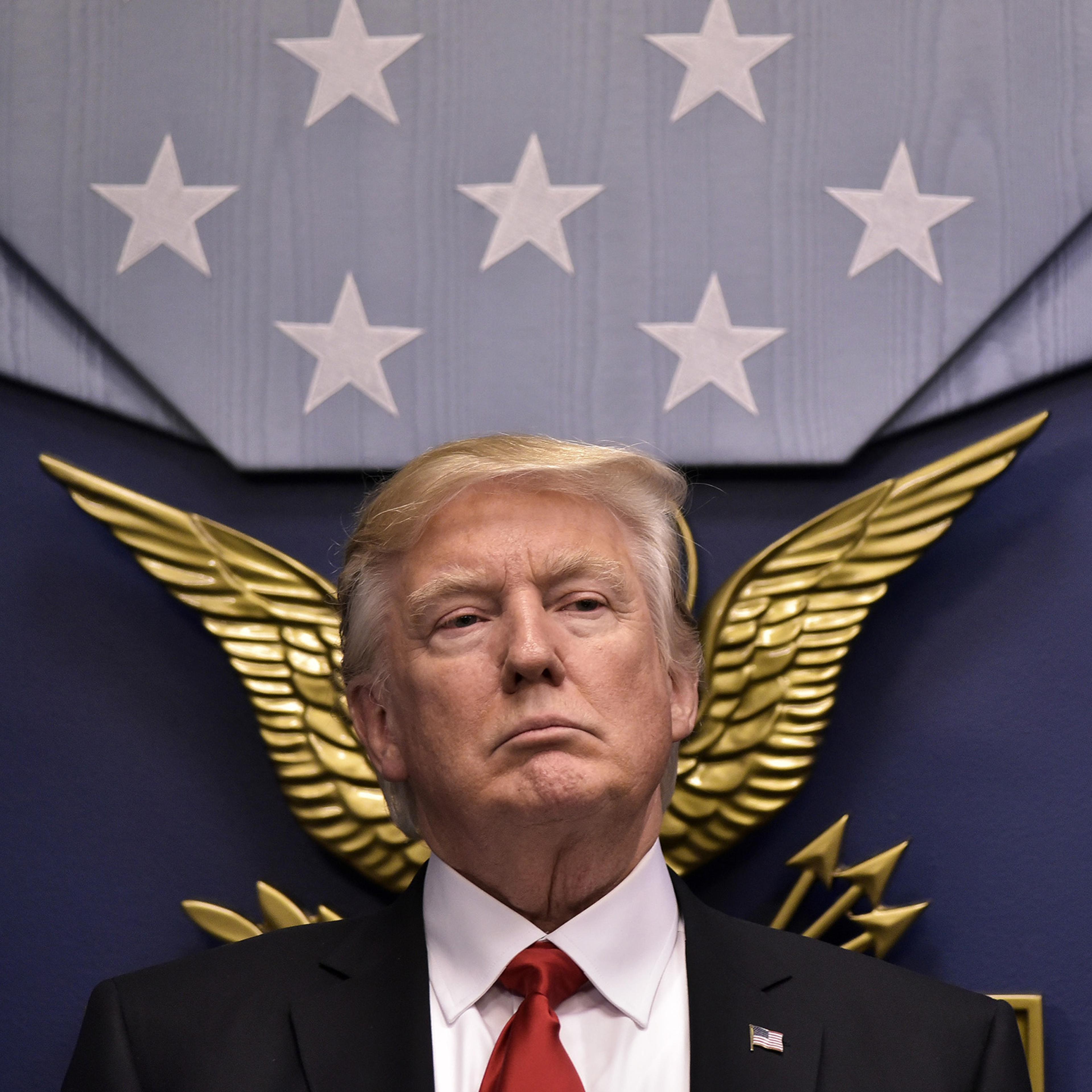 President Donald Trump speaks following the ceremonial swearing-in of James Mattis as secretary of defense at the Pentagon in Washington, on Jan. 27, 2017.