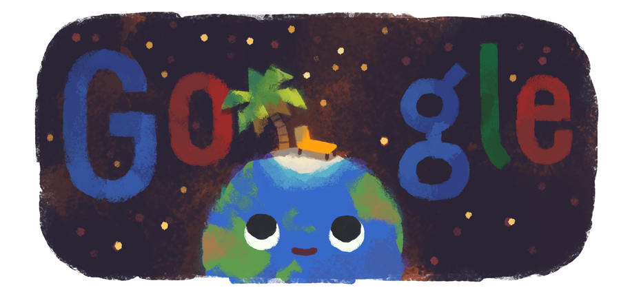 Pastel drawing of the earth with a palm tree and beach chair on the top. Google logo affixed above globe.