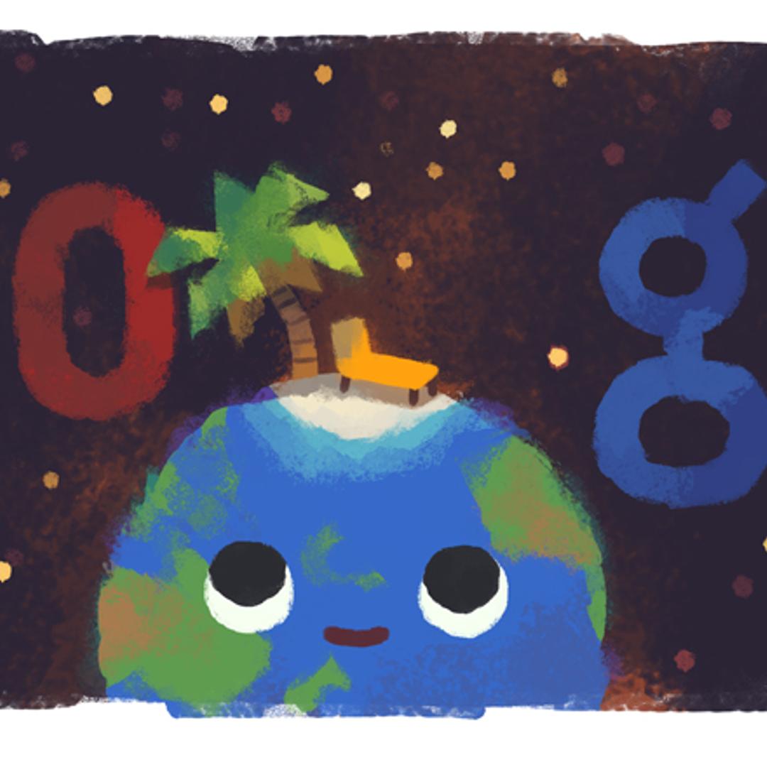 Pastel drawing of the earth with a palm tree and beach chair on the top. Google logo affixed above globe.