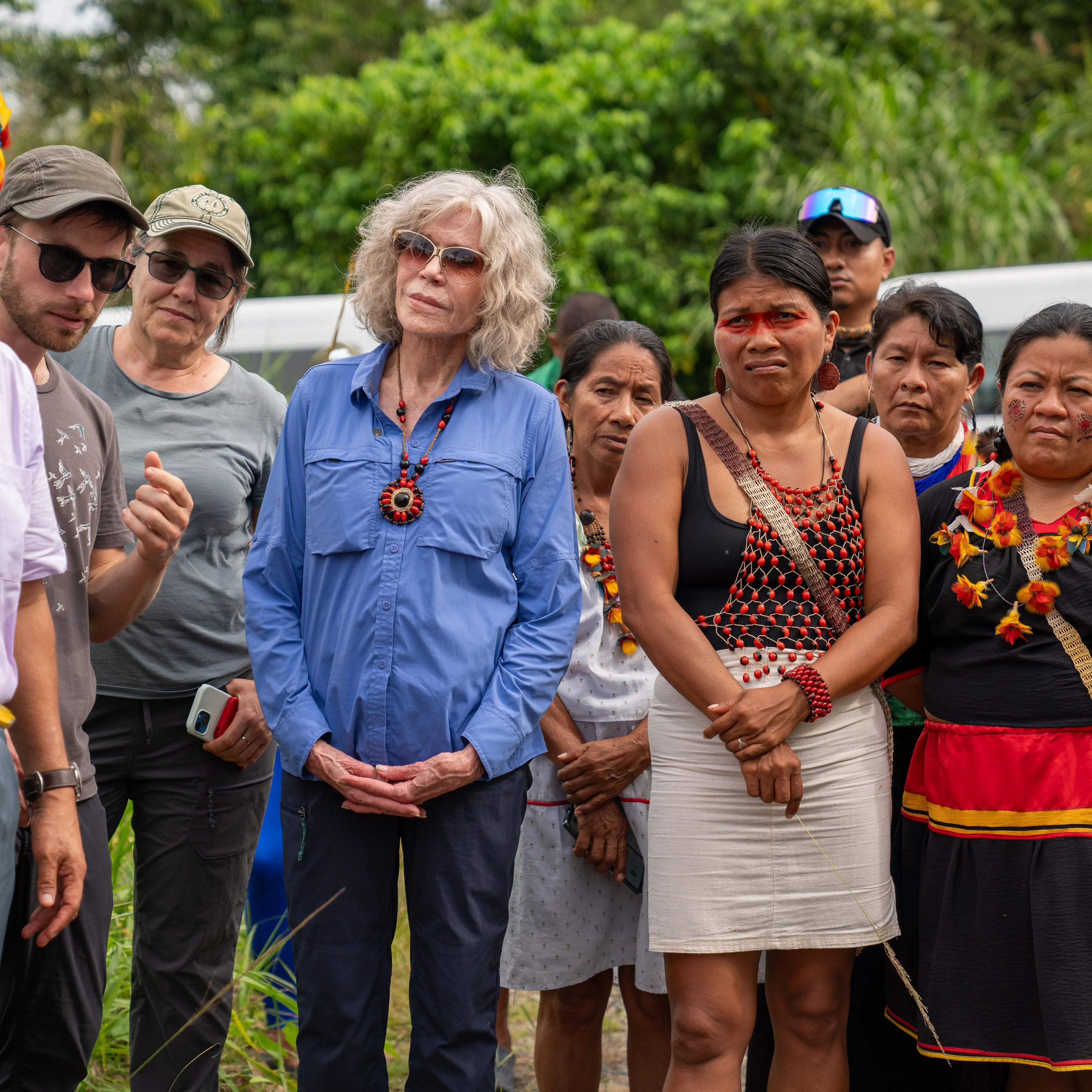 A delegation from Alianza Ceibo, Amazon Frontlines, representatives of other Amazonian nationalities, and activist Jane Fonda, on a tour about the damage caused by oil extraction in the Amazon.