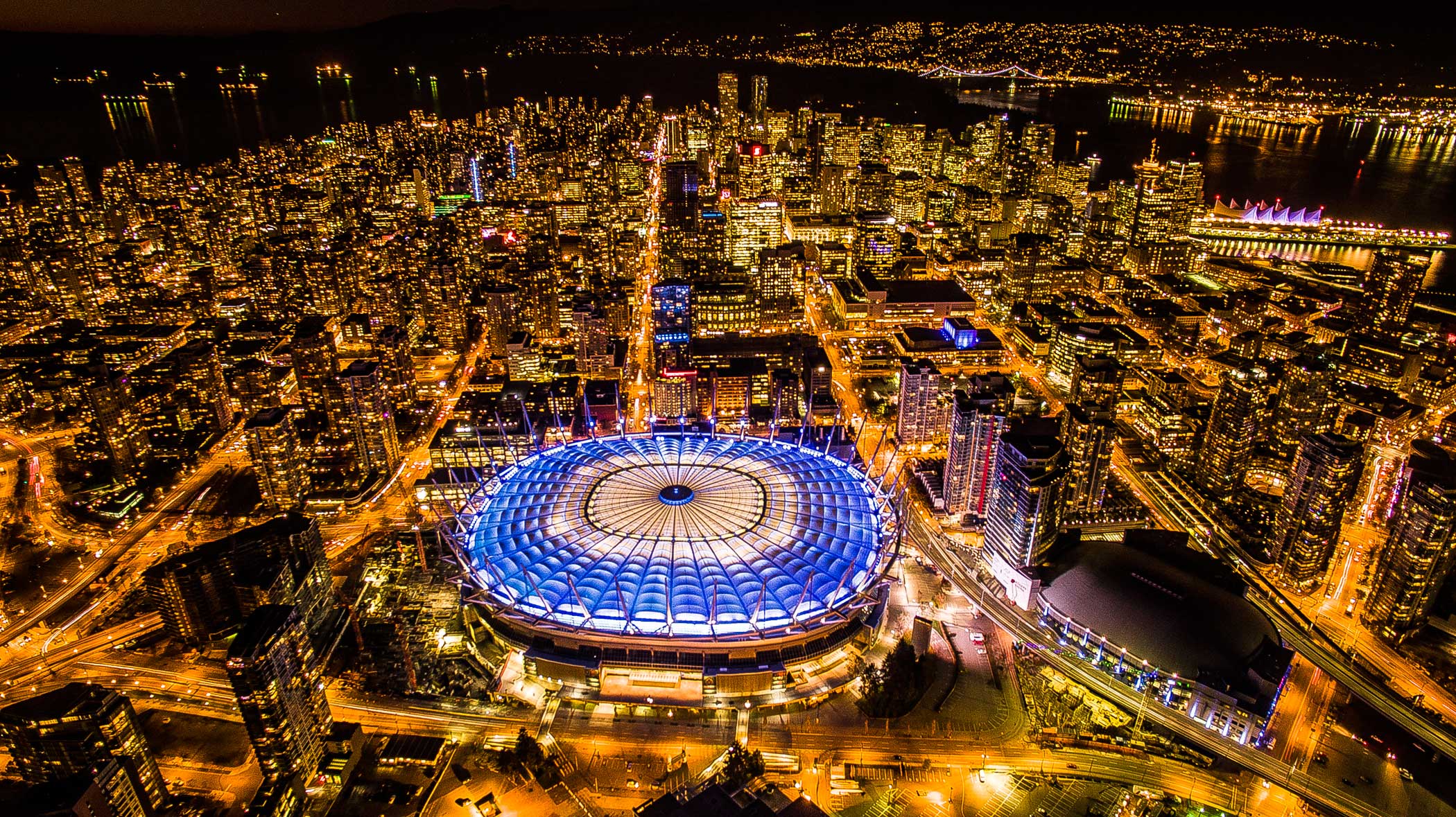 A long exposure photo of downtown Vancouver.