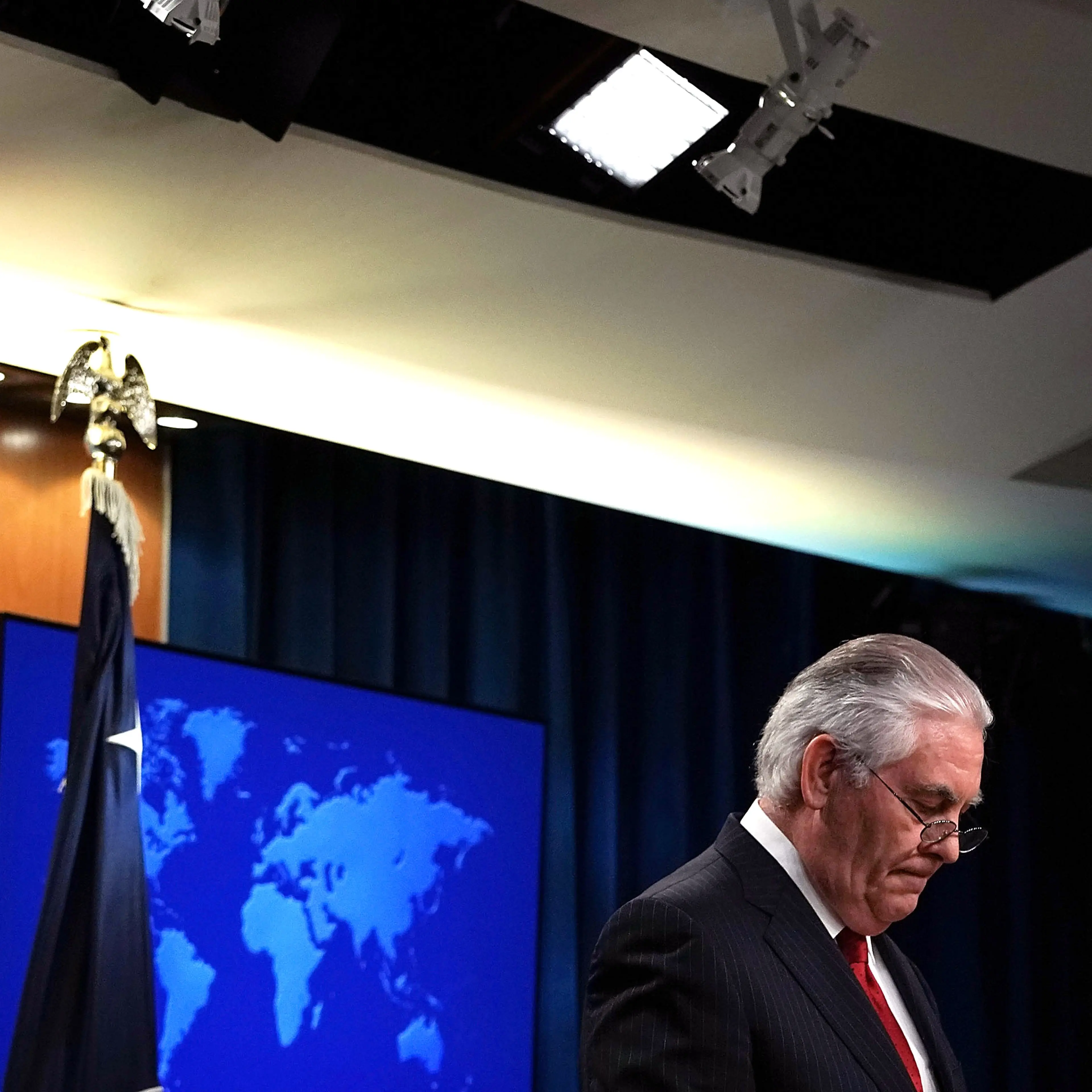 Outgoing U.S. Secretary of State Rex Tillerson pauses as he makes a statement on his departure from the State Department March 13, 2018 at the State Department in Washington, DC.