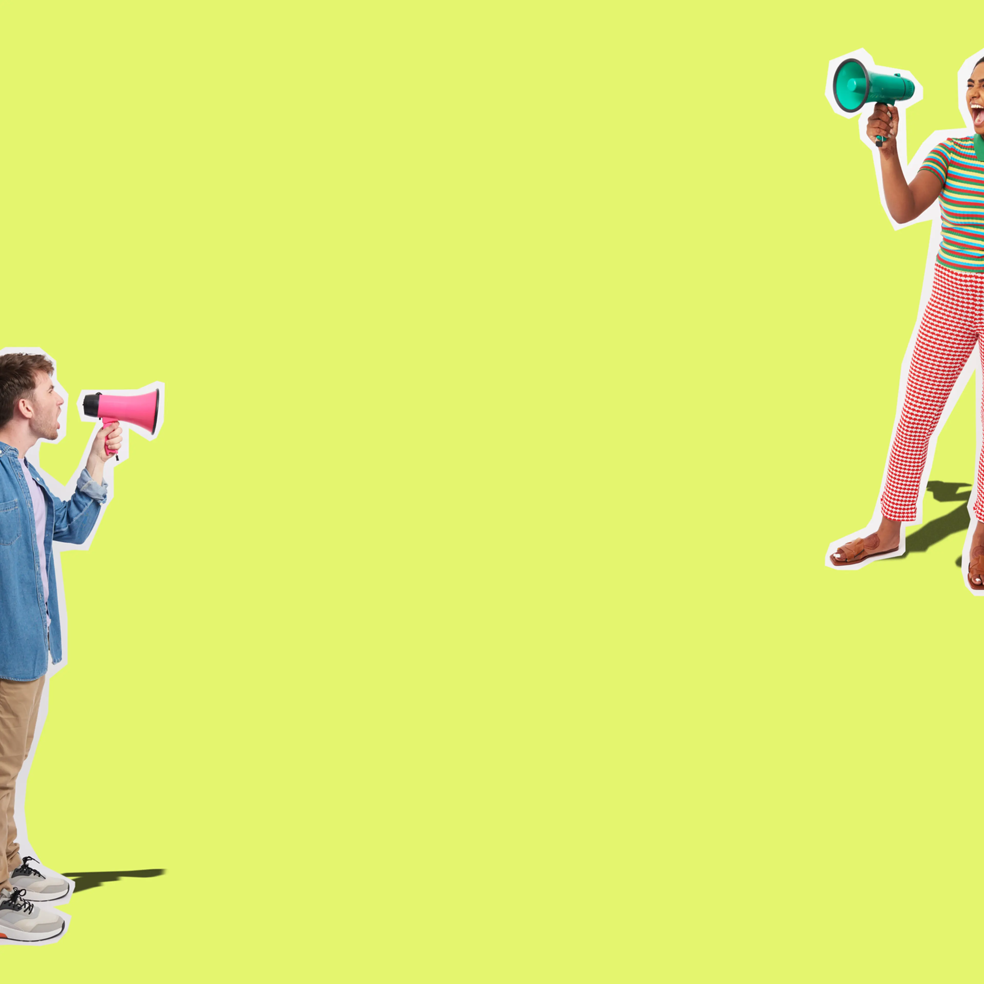 Collage of two people shouting through megaphones