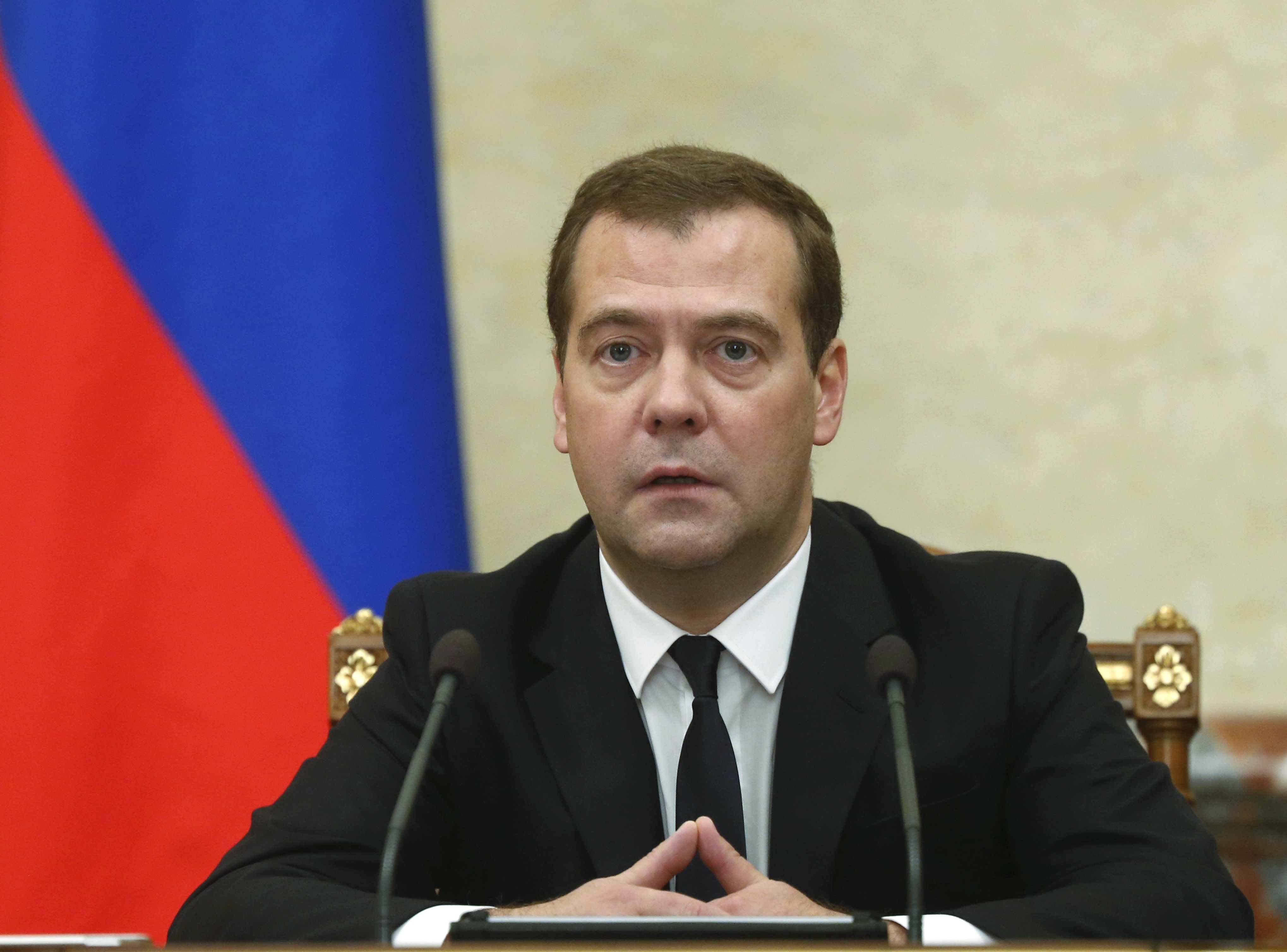 Russian Premier Dmitry Medvedev announces sanctions at the Cabinet meeting in Moscow on Thursday, Aug. 7.