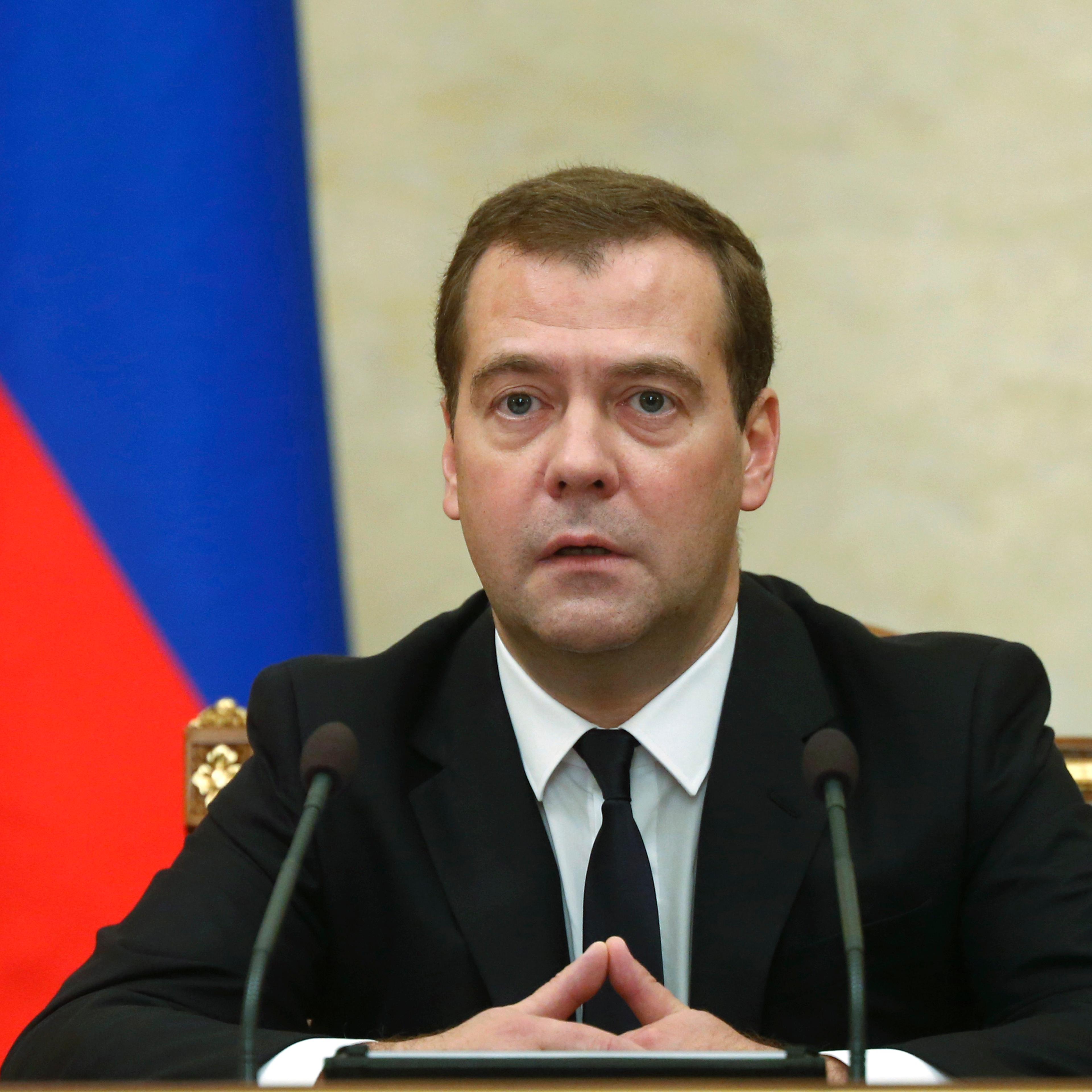 Russian Premier Dmitry Medvedev announces sanctions at the Cabinet meeting in Moscow on Thursday, Aug. 7.