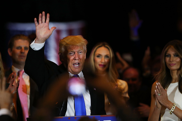 Republican presidential front runner Donald Trump speaks to supporters and the media at Trump Tower in Manhattan following his victory in the Indiana primary on May 03, 2016 in New York City.