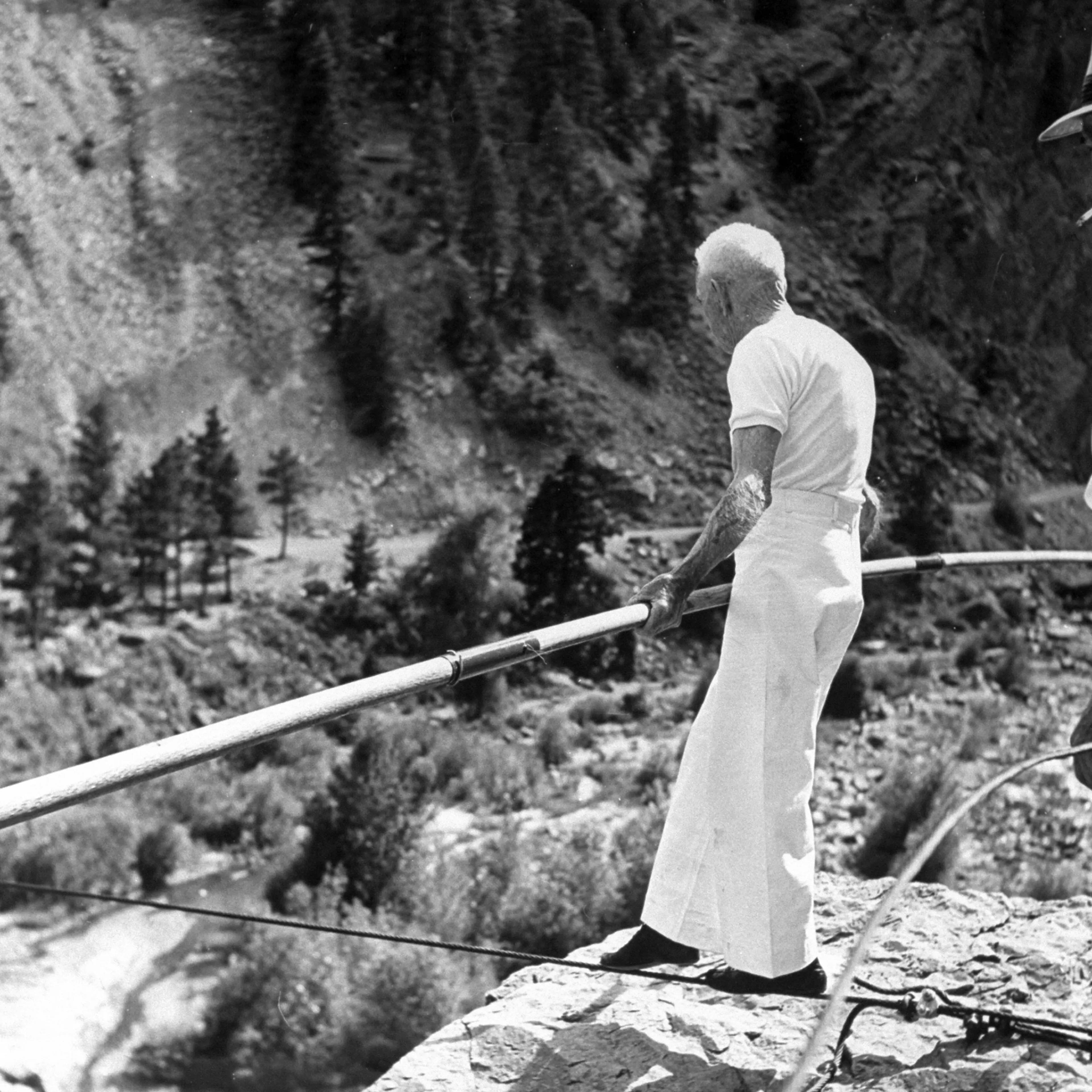 82 year old tightrope walker Ivy Baldwin at Boulder Dam, Colorado, 1948.