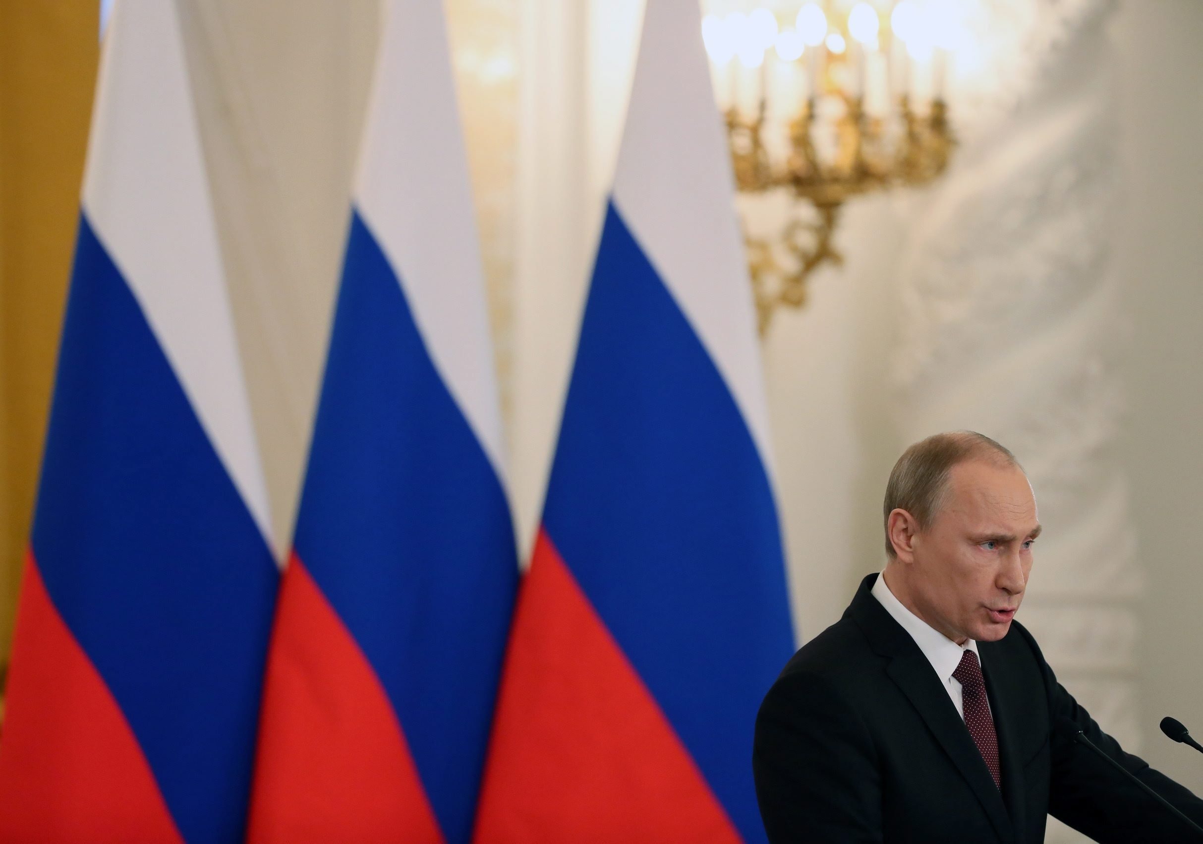 President Vladimir Putin delivers his address on the Crimean referendum on reunification with Russia in the Grand Kremlin Palace in Moscow.