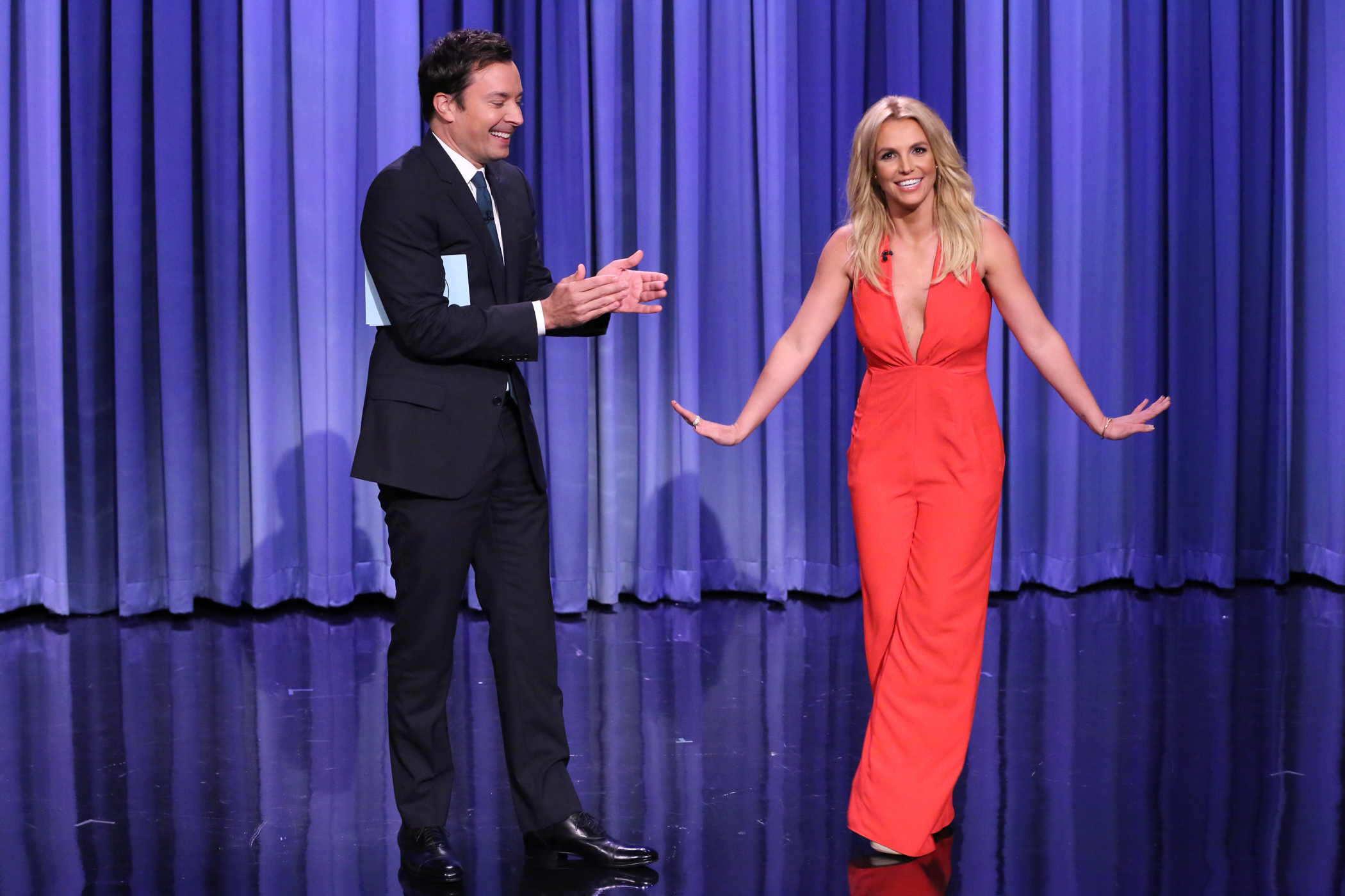Host Jimmy Fallon and singer Britney Spears on Sept. 9, 2014.
