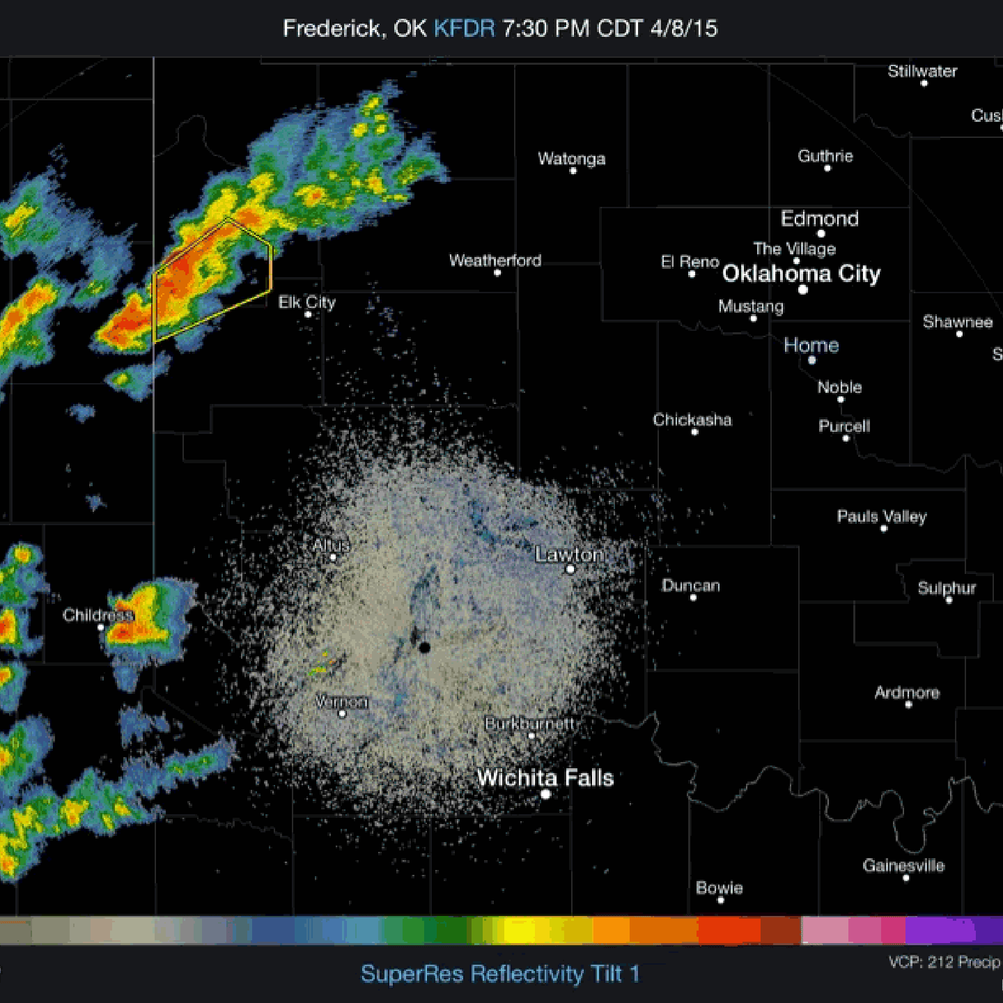 Severe storm shown on radar at 7:45pm moving into west central Oklahoma on April 8, 2015.