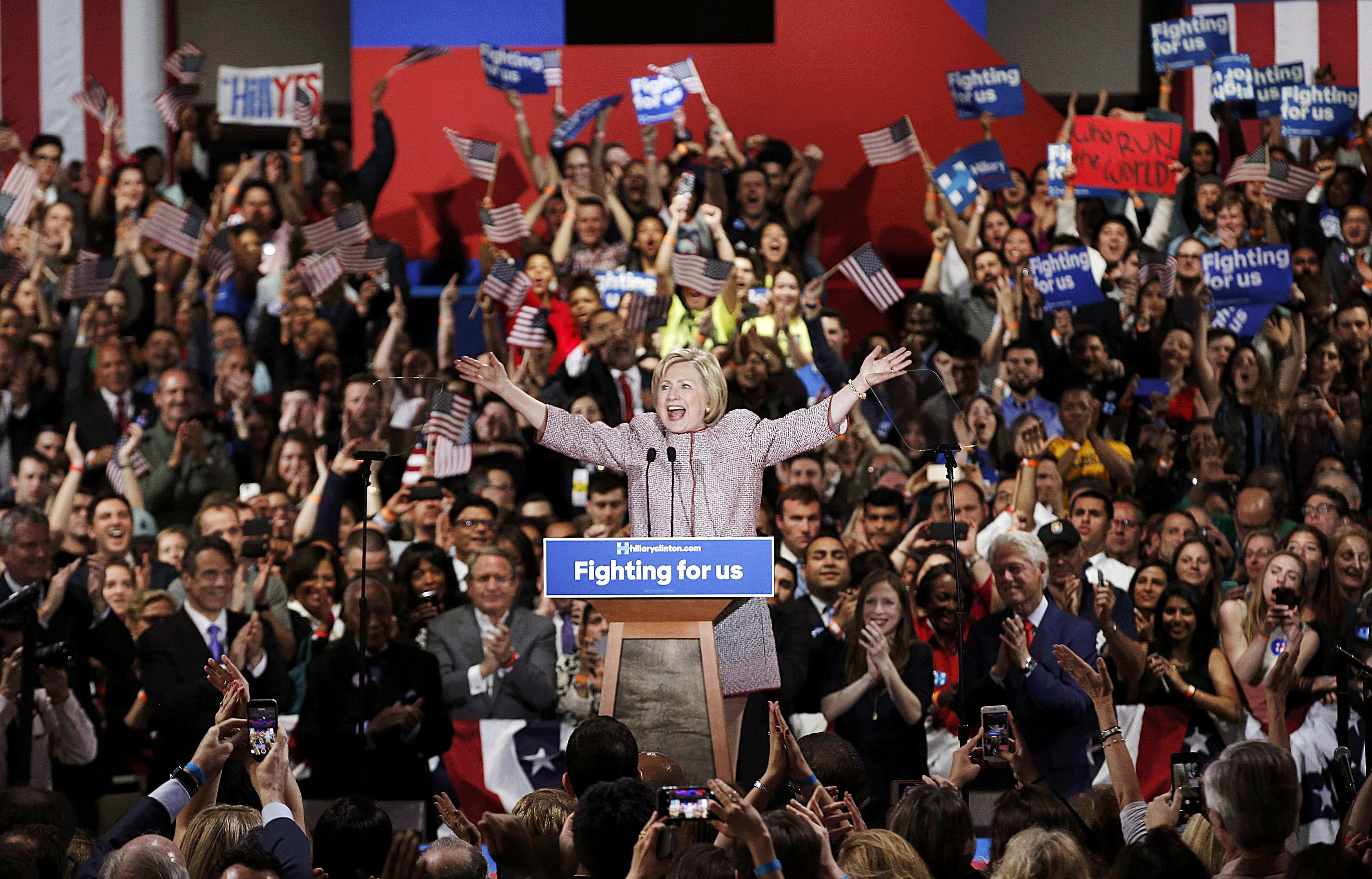Democratic presidential candidate Hillary Clinton speaks to supporters at her New York presidential primary night rally in the Manhattan borough of New York on April 19, 2016.