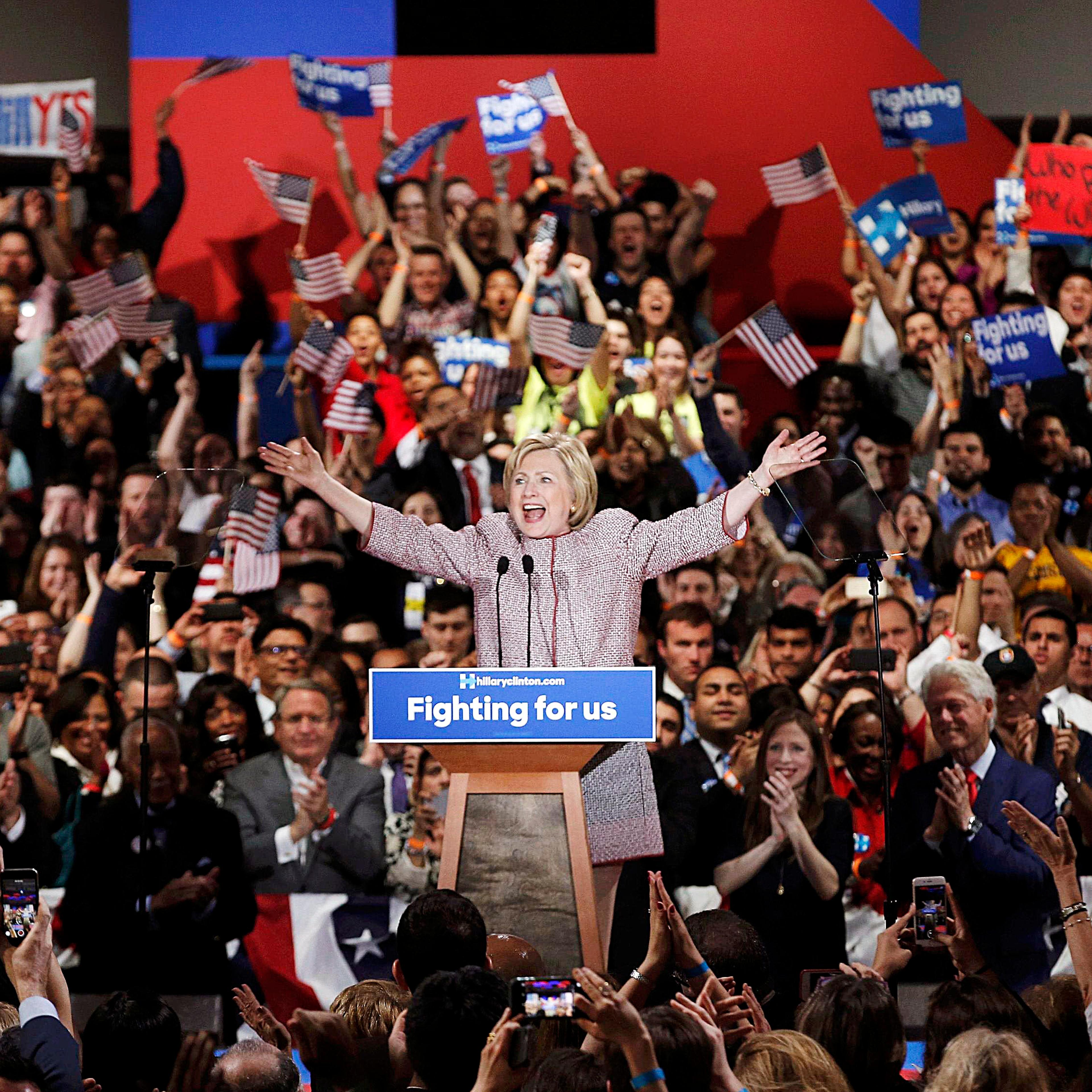 Democratic presidential candidate Hillary Clinton speaks to supporters at her New York presidential primary night rally in the Manhattan borough of New York on April 19, 2016.