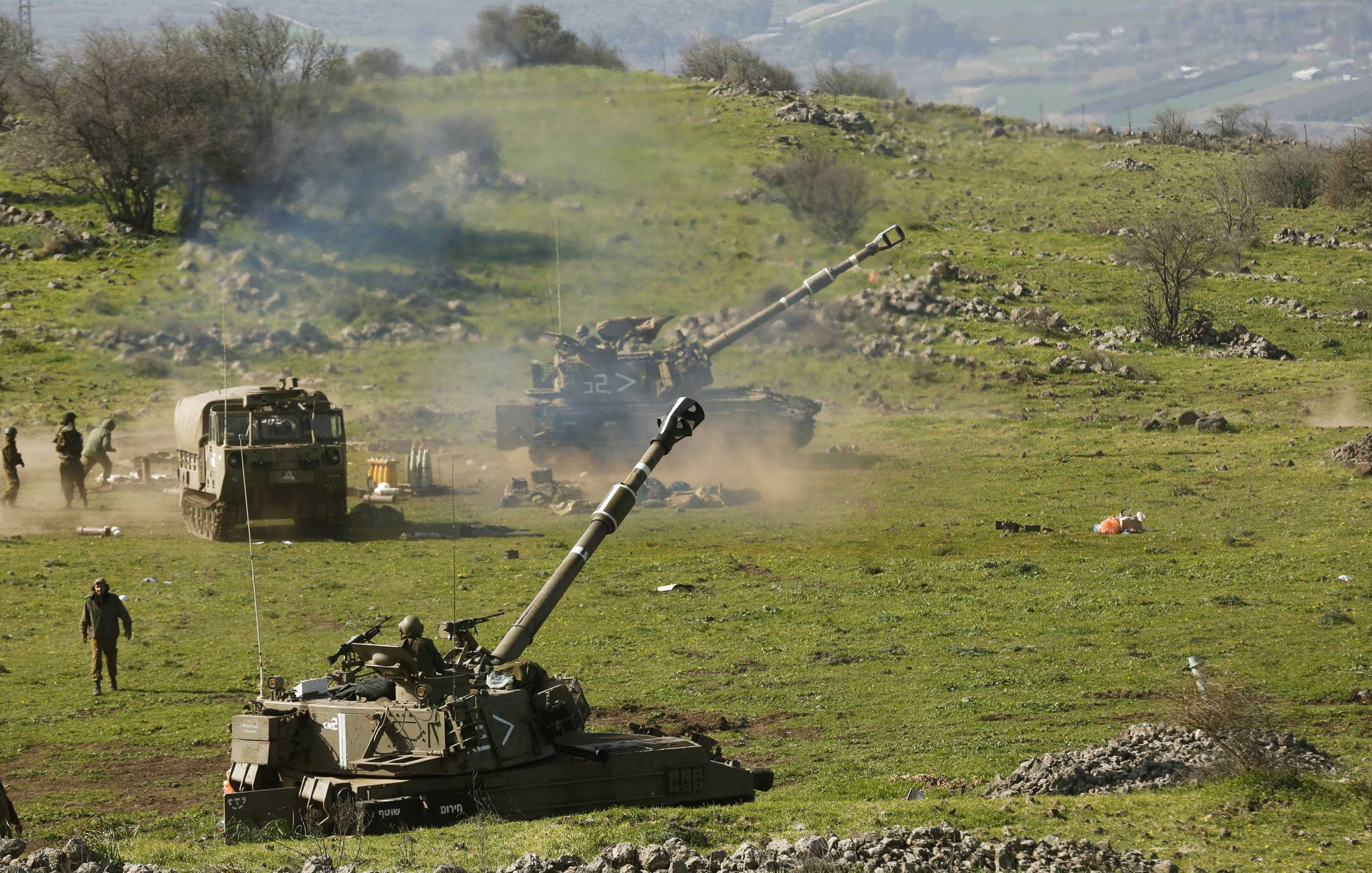 Israeli artillery fire toward targets in Lebanon near Har Dov area, on the Israeli-Lebanese border, Jan. 28, 2015.