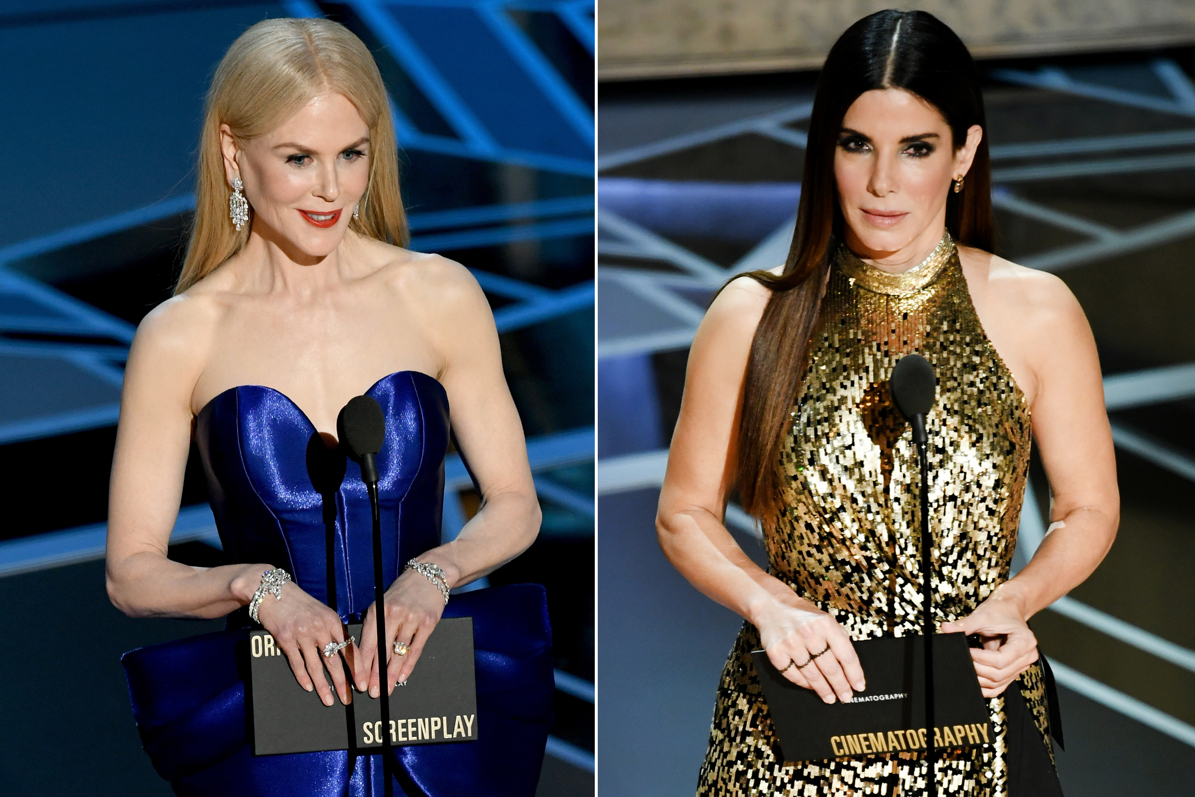 Nicole Kidman and Sandra Bullock presenting at the 90th Academy Awards.