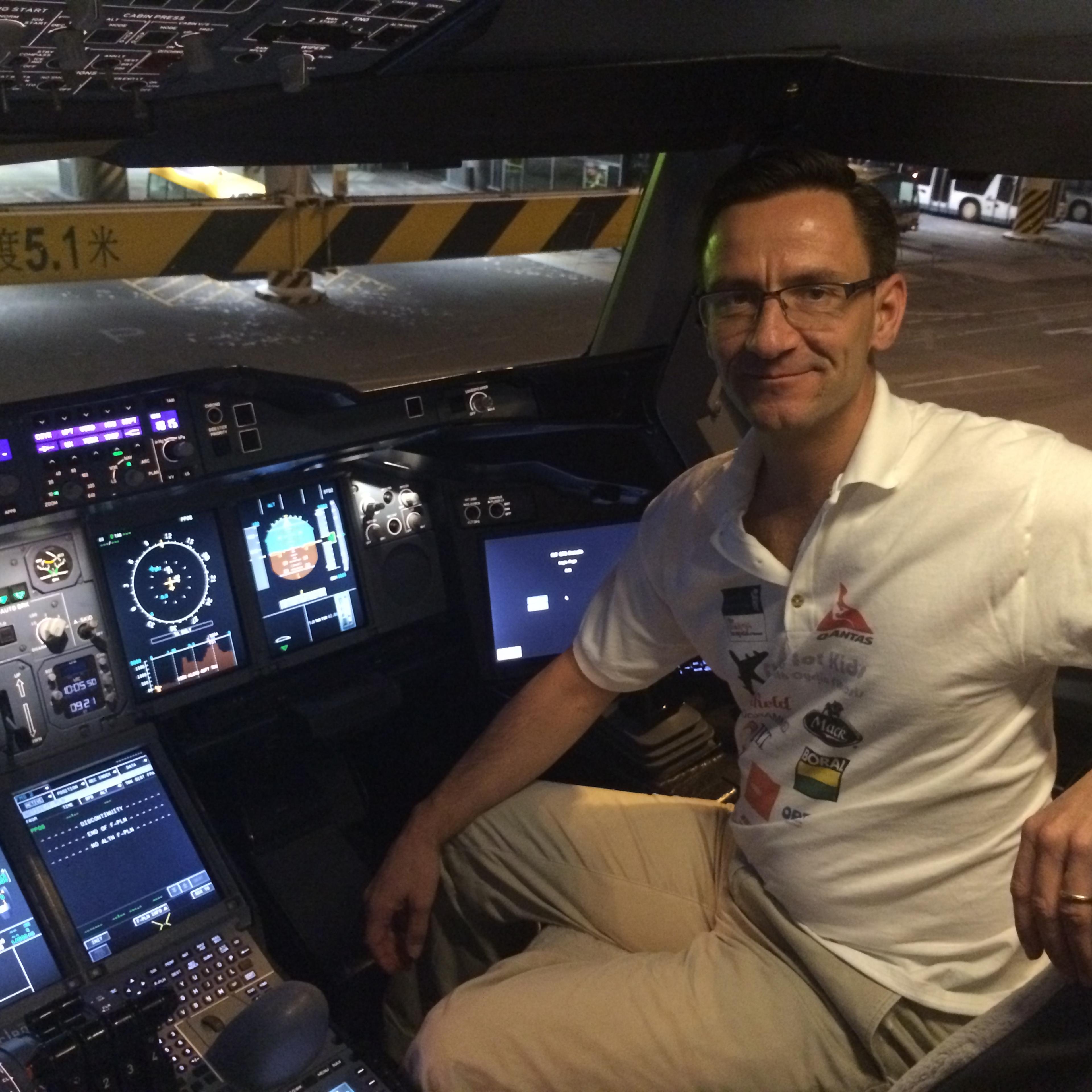 Matthias Fuchs pictures in Hong Kong in the cockpit of an Airbus A380.