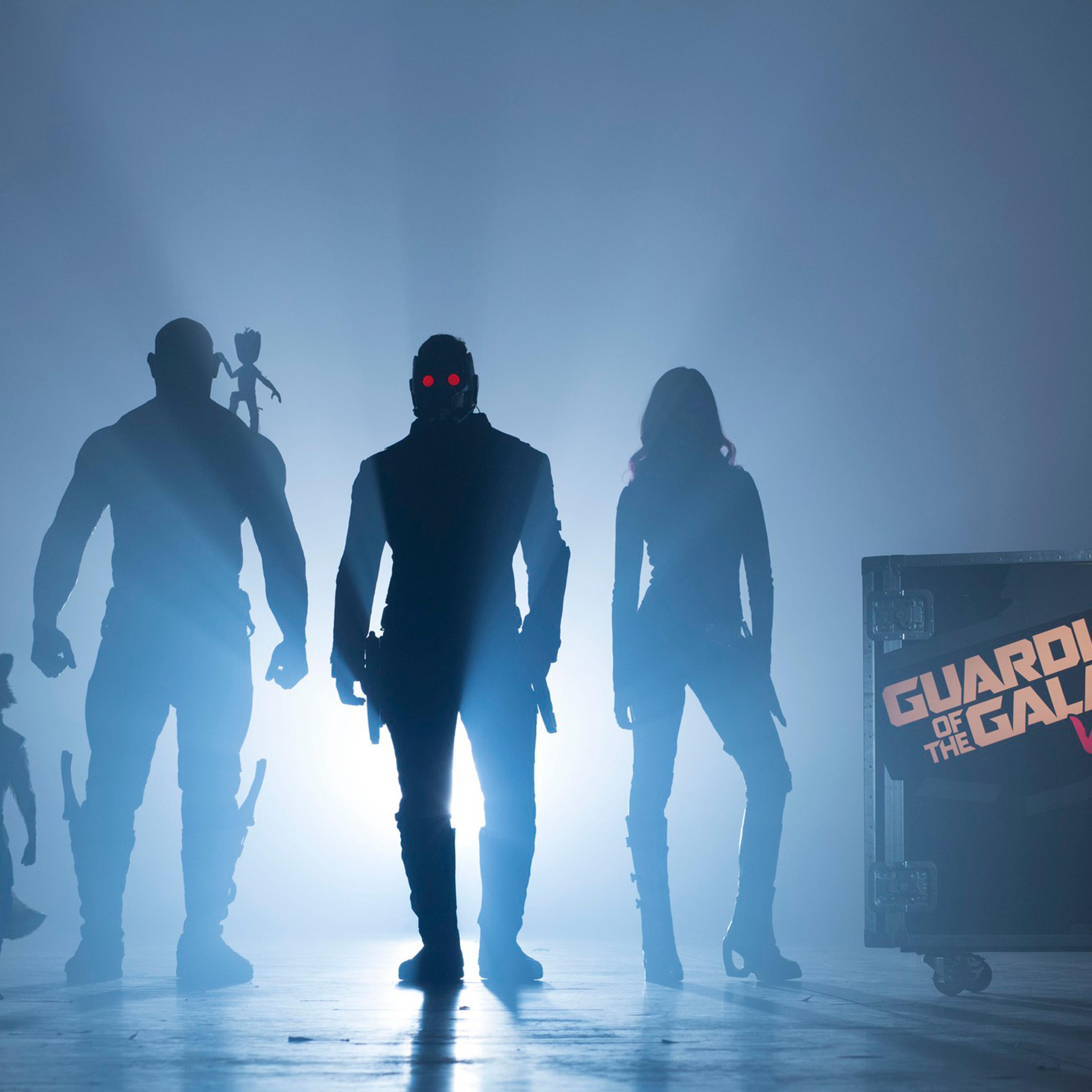 Guardians Of The Galaxy Vol. 2Start of Production ImageL to R: Rocket (voiced by Bradley Cooper), Drax (Dave Bautista), Groot (voiced by Vin Diesel), Peter Quill/Star-Lord (Chris Pratt) and Gamora (Zoe Saldana)©Marvel 2017