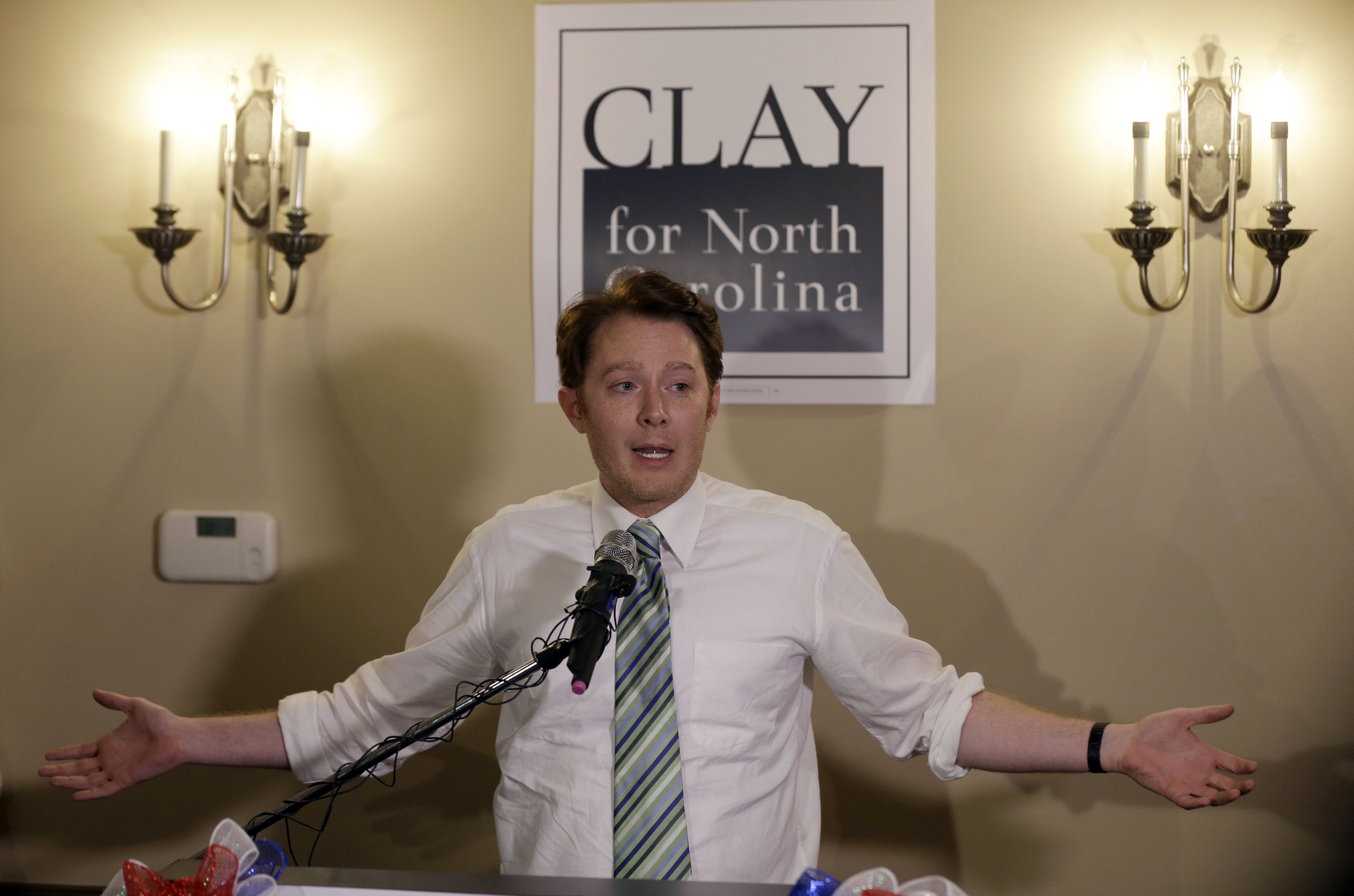 Clay Aiken speaks to supporters during an election night watch party in Holly Springs, N.C., May 6, 2014.