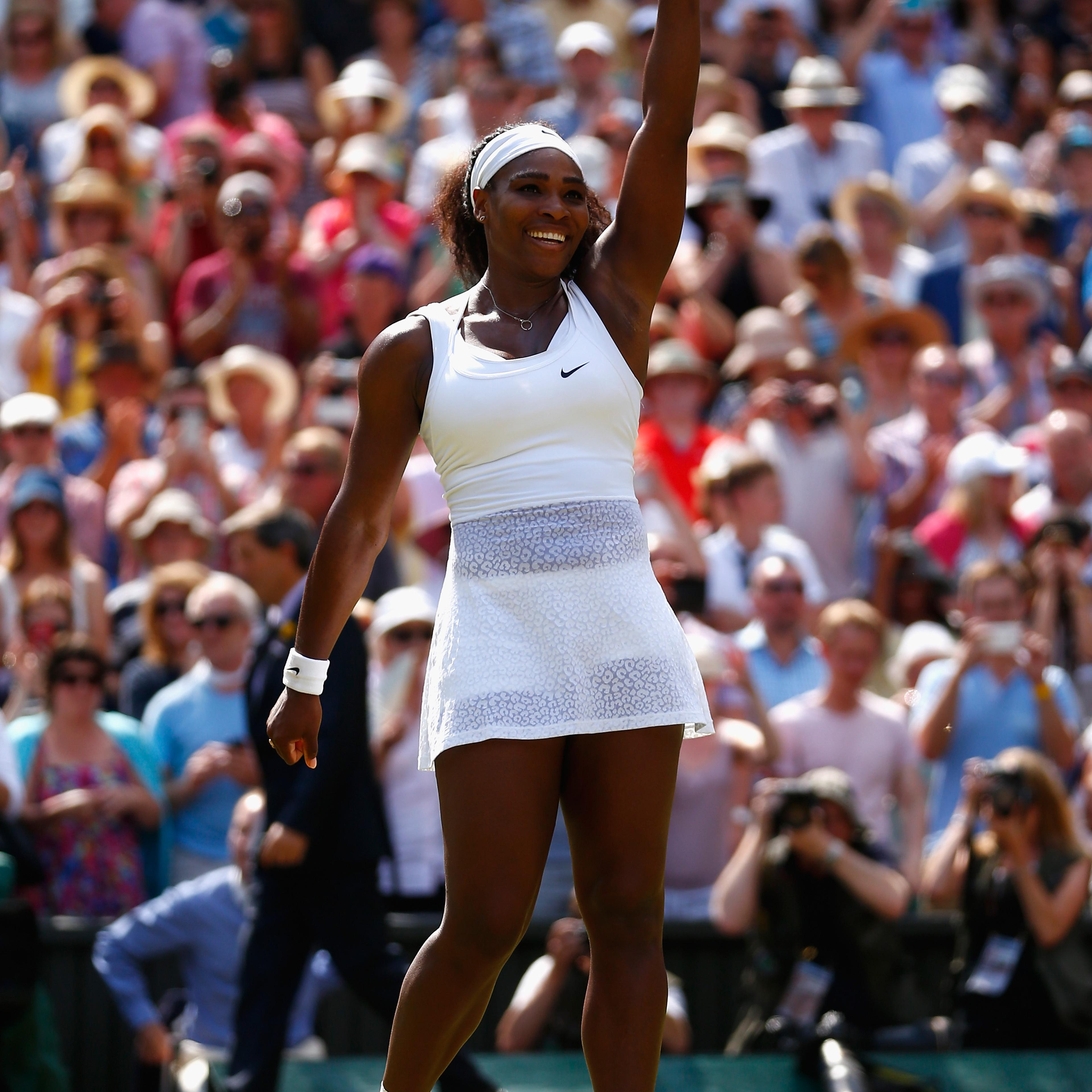 Serena Williams celebrates after winning the Final of the Ladies Singles against Garbine Muguruza of Spain during the day 12 of the Wimbledon Lawn Tennis Championships at the All England Lawn Tennis and Croquet Club in London, England on July 11, 2015.