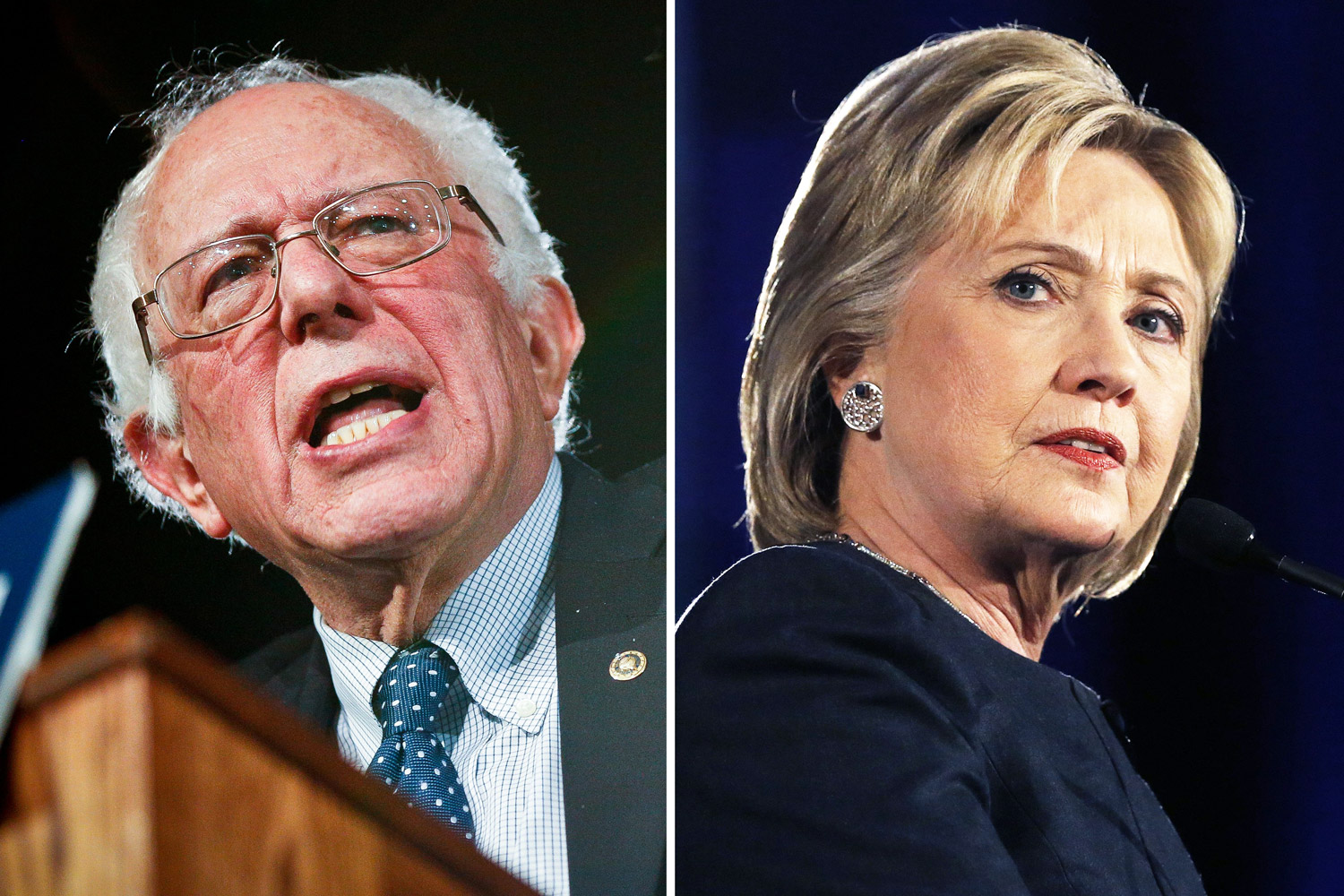 Bernie Sanders in Denver, CO on Feb. 13, 2016 (L); Hillary Clinton in Denver, CO on Feb. 13, 2016.