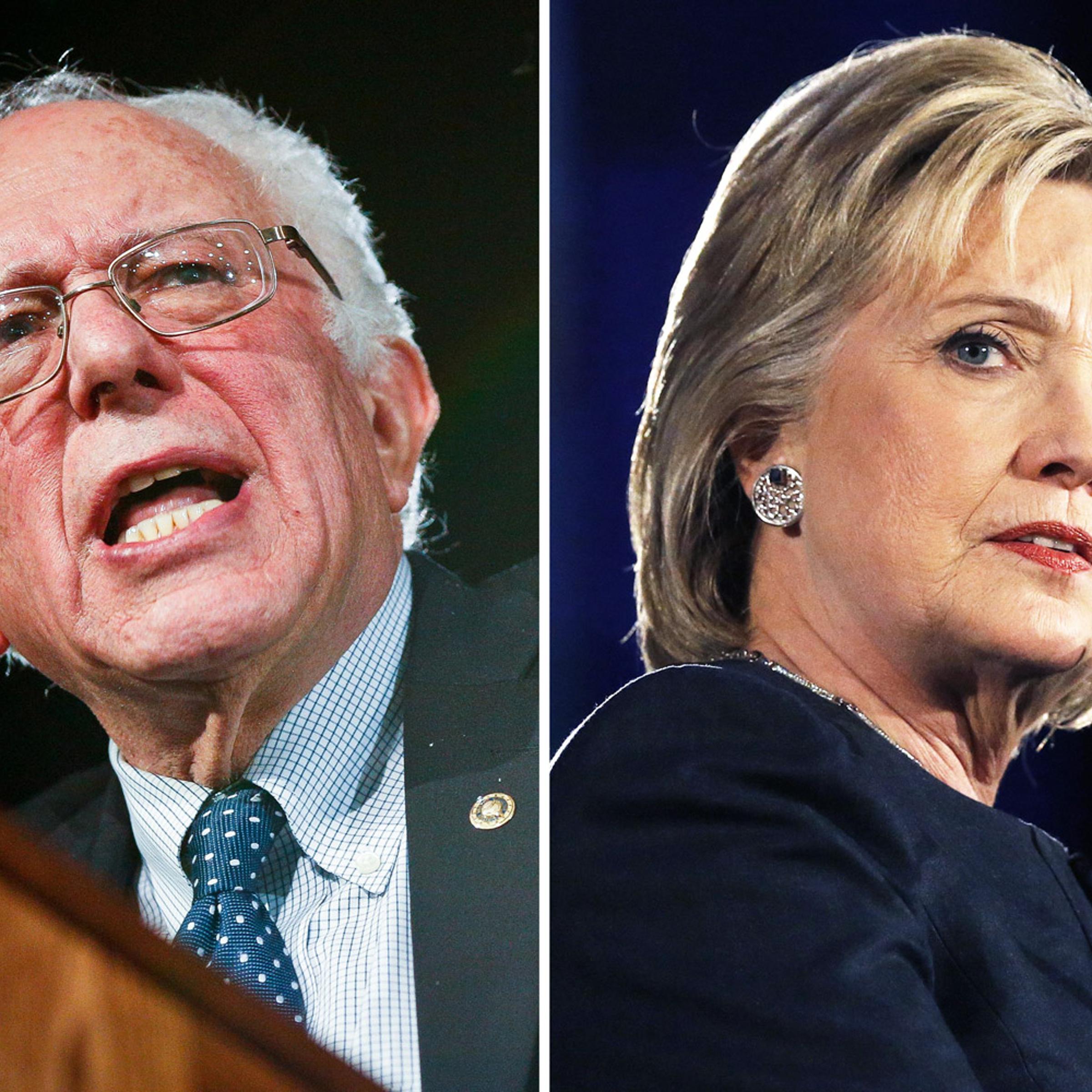 Bernie Sanders in Denver, CO on Feb. 13, 2016 (L); Hillary Clinton in Denver, CO on Feb. 13, 2016.