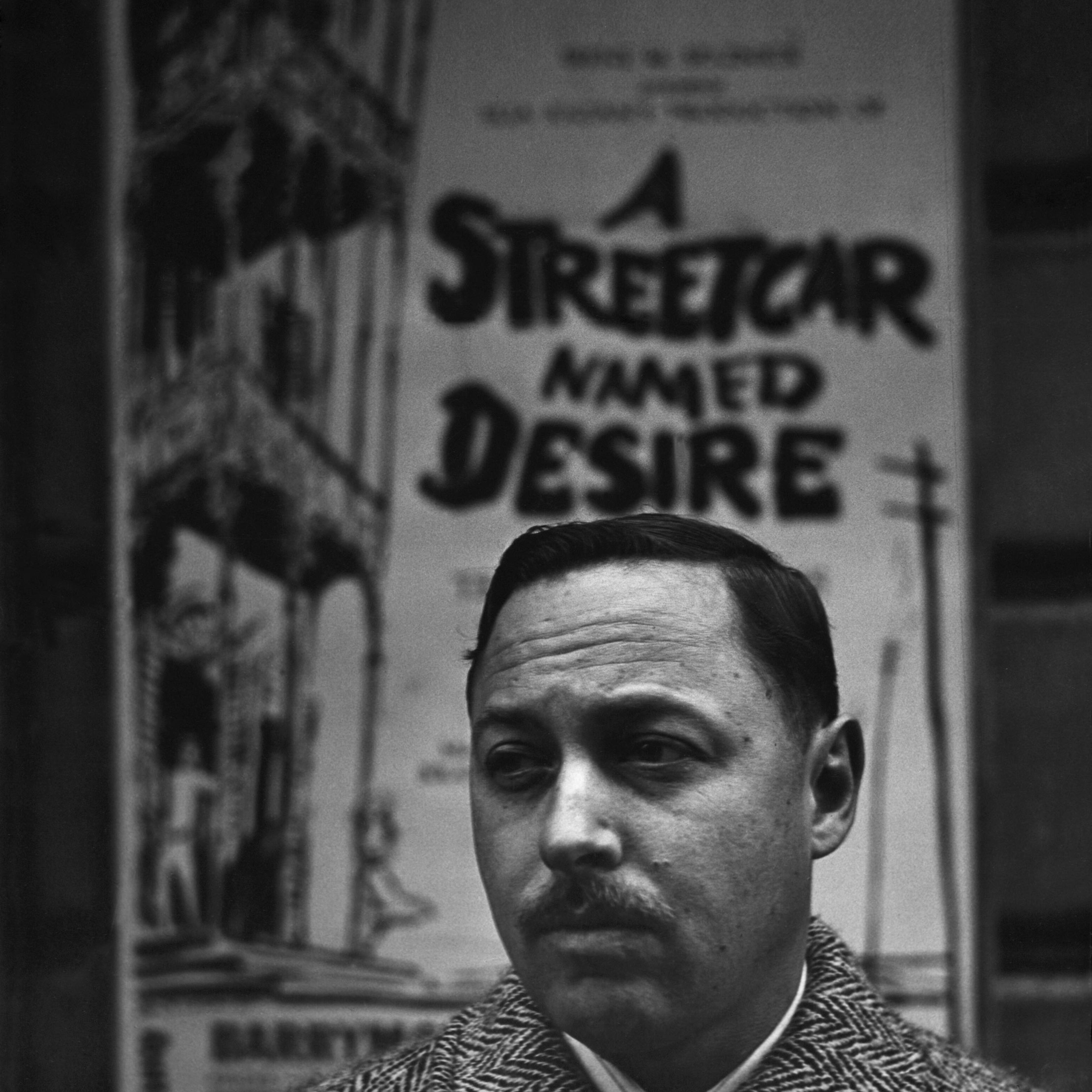 Tennessee Williams stands in front of a poster advertising his play, A Streetcar Named Desire, in New York in 1948.