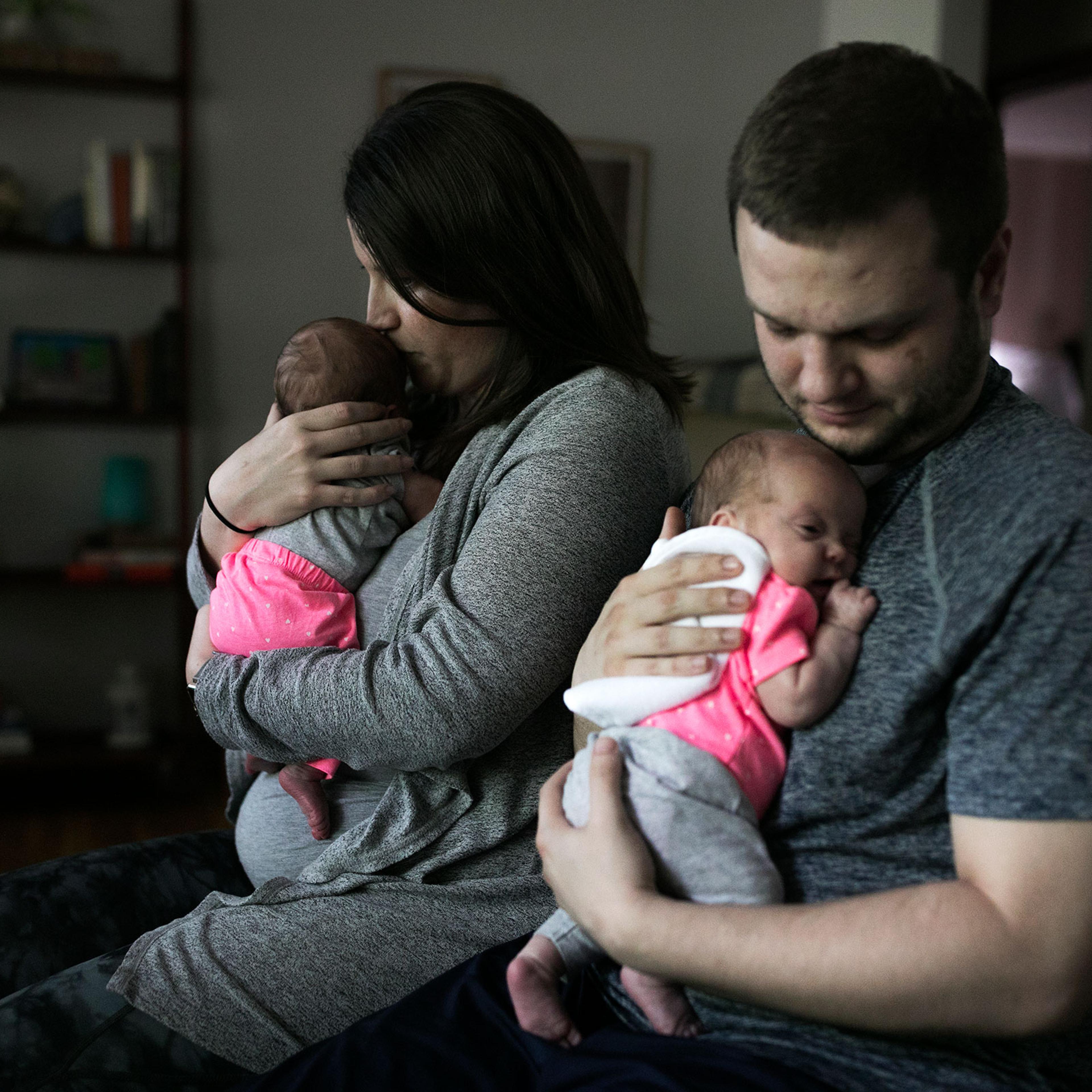 Morgan Lyles and her fiancé Chris comfort 10-week-old twins Maura and Lena in their Columbus, Ohio, home