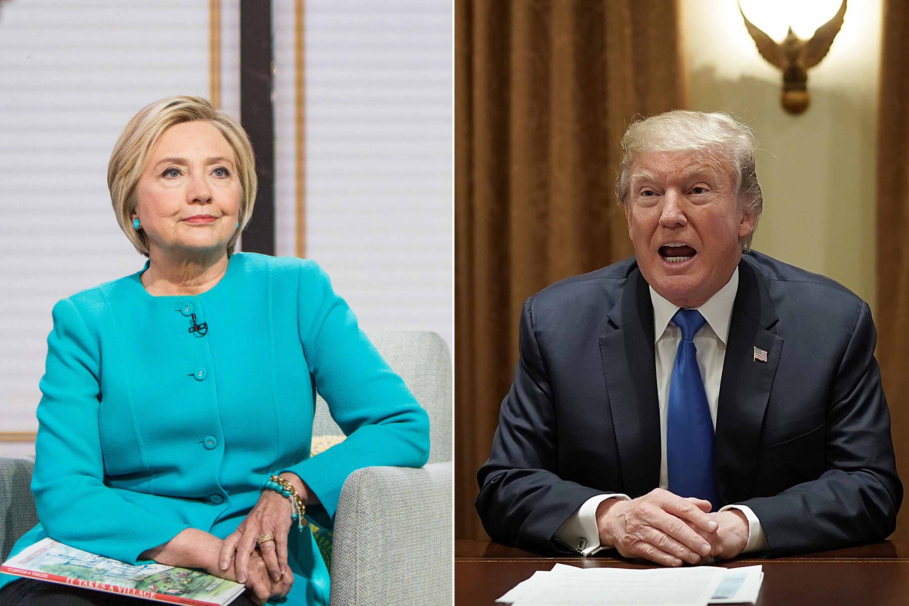 Clinton: Hillary Clinton appeared on the TODAY show on Sept. 13, 2017; Trump: President Donald Trump meets with Democratic and Republican members of Congress in the Cabinet Room of the White House Sept. 13, 2017.