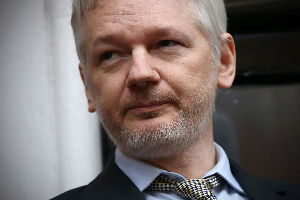 Wikileaks founder Julian Assange speaks from the balcony of the Ecuadorian embassy on Feb. 5, 2016 in London, England.
