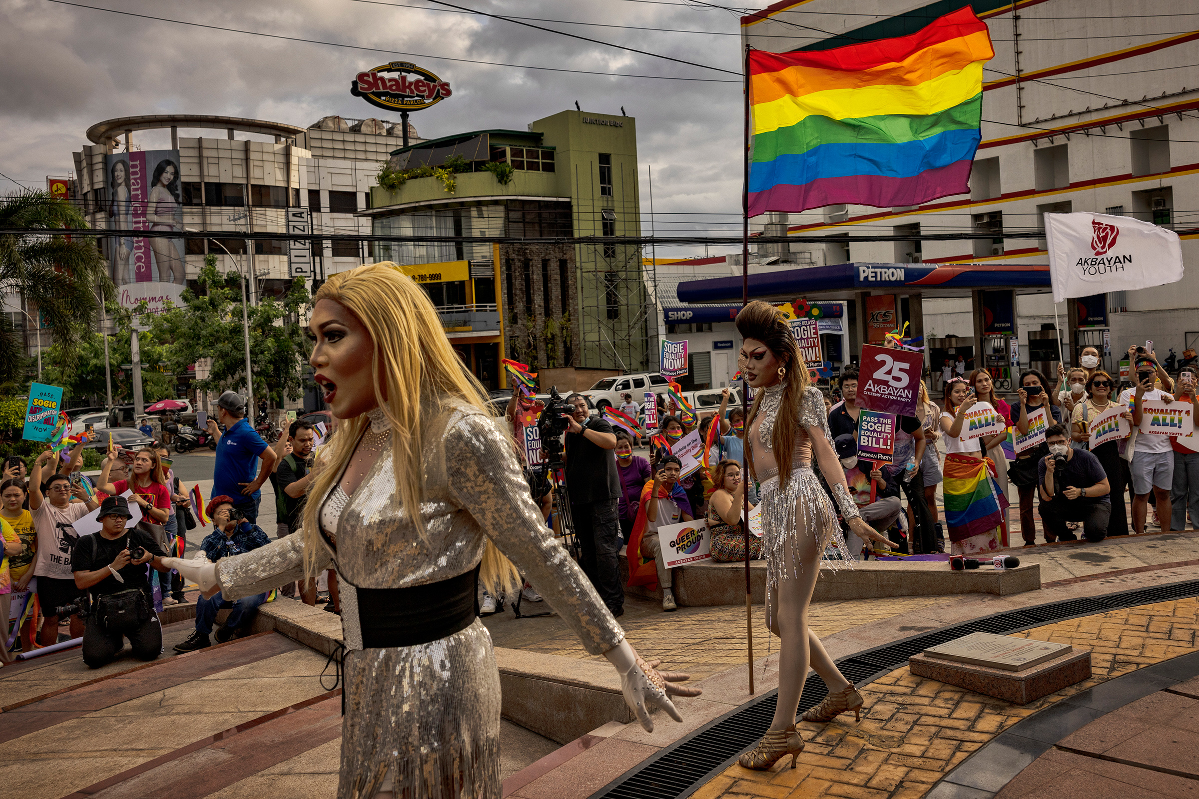 Drag queens Lumina Klum and Mrs. Tan perform as activists take part in a protest to kick off Pride month in Quezon City, Metro Manila, Philippines, June 2, 2023.