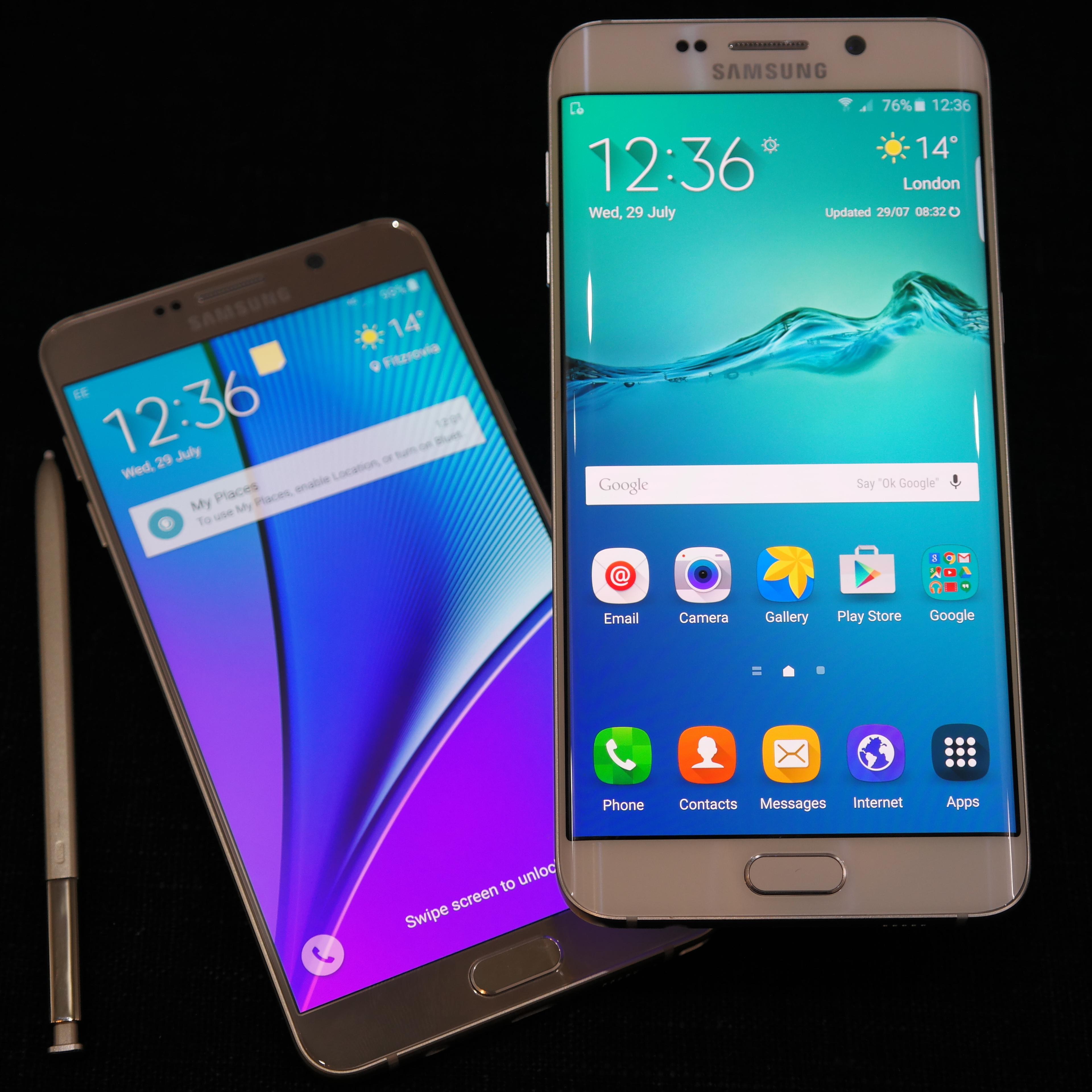 The new Samsung Note5 (L) and S6 Edge+ smartphones on display in London on July 29, 2015.