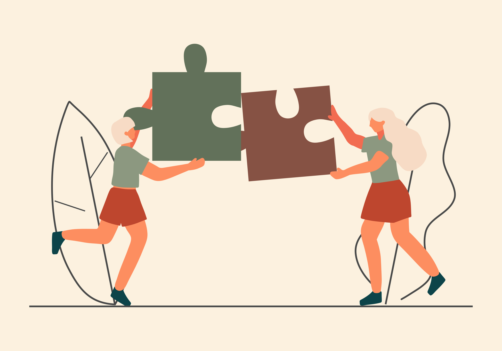 An illustration of two people completing a puzzle.