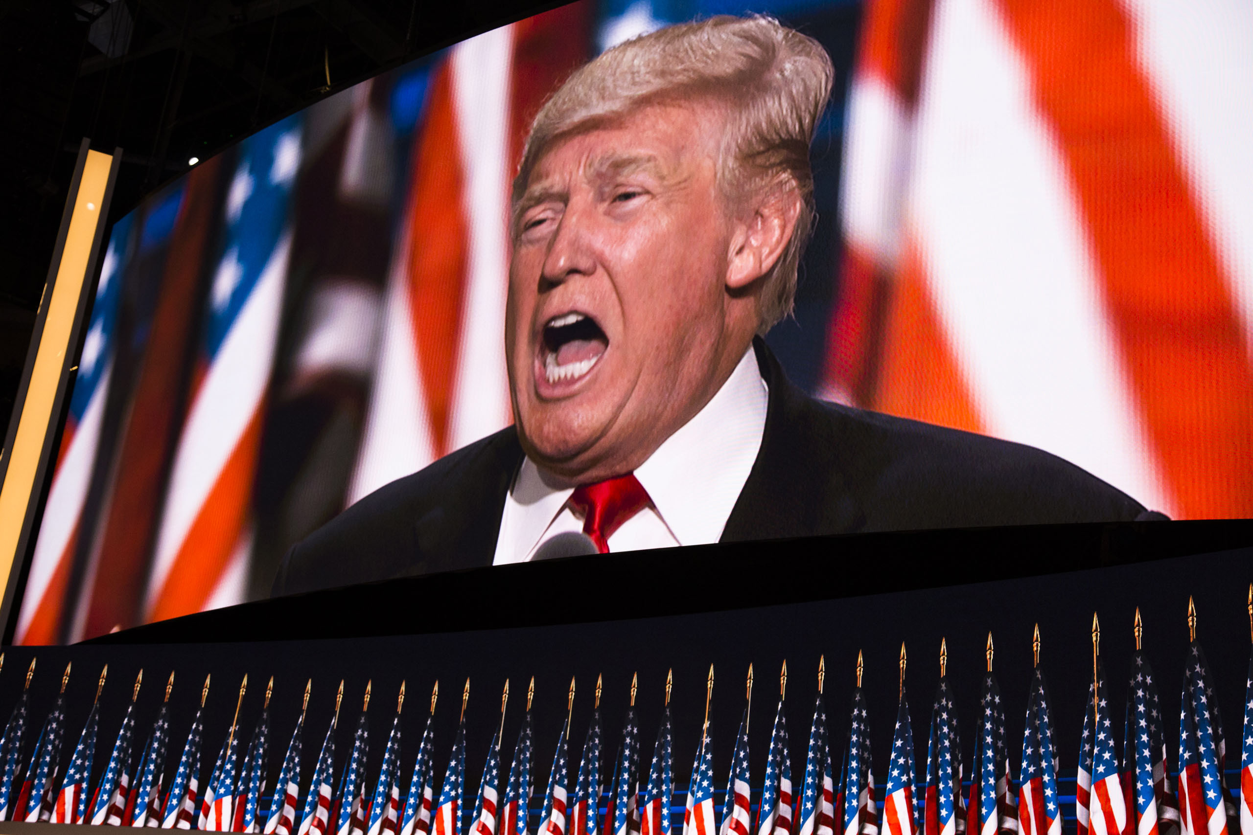 Donald Trump delivers a speech during the evening session on the fourth day of the Republican National Convention at the Quicken Loans Arena in Cleveland, Ohio, on July 21, 2016.