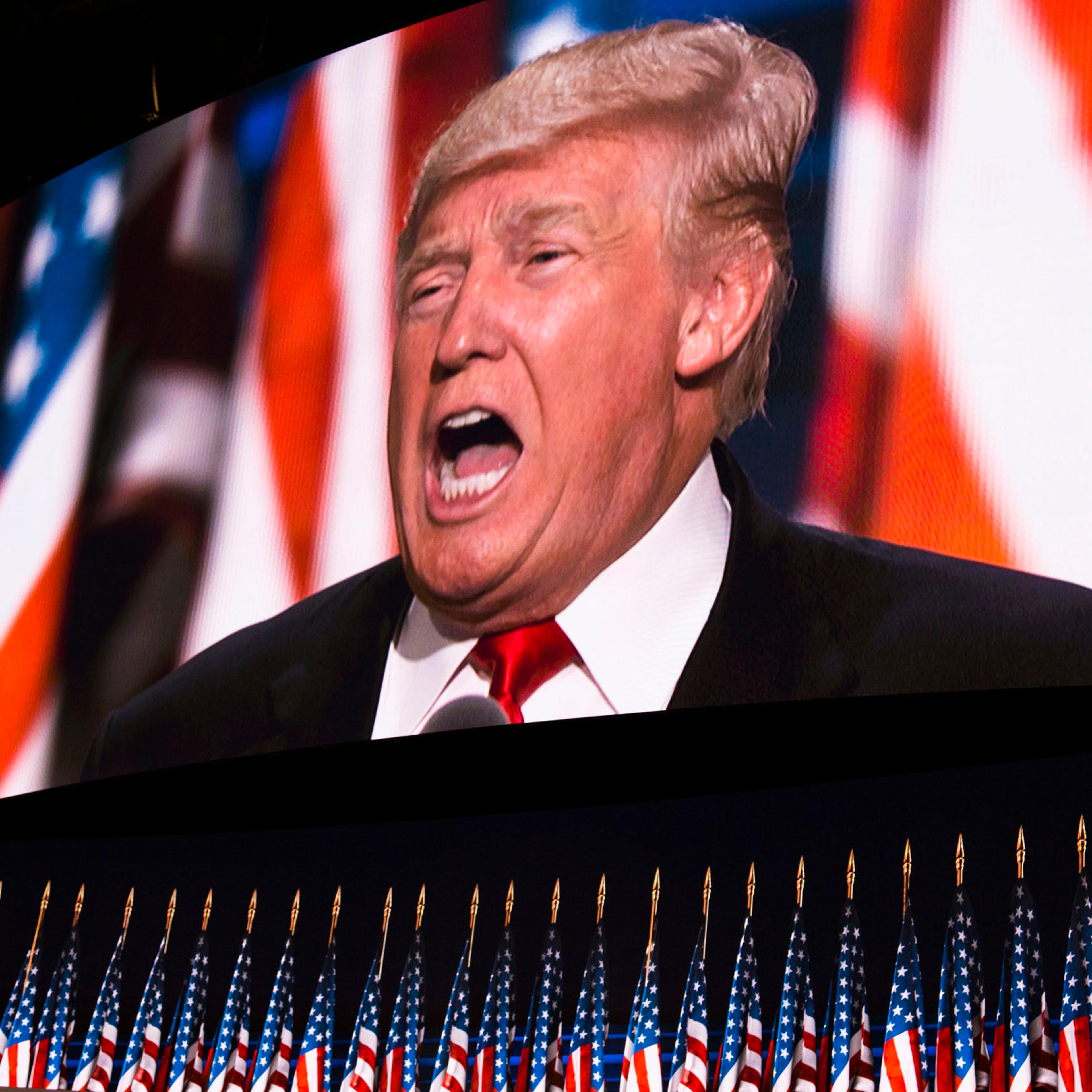 Donald Trump delivers a speech during the evening session on the fourth day of the Republican National Convention at the Quicken Loans Arena in Cleveland, Ohio, on July 21, 2016.