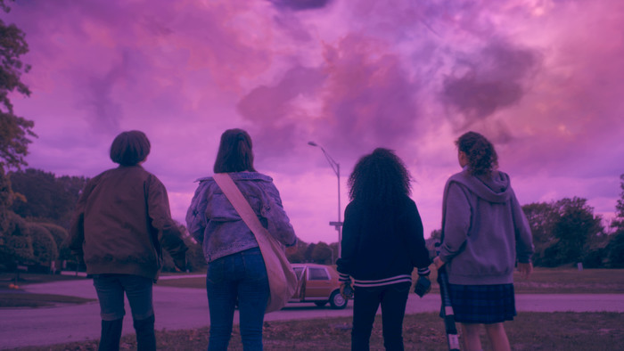 From left: Sofia Rosinsky (Mac Coyle), Riley Lai Nelet (Erin Tieng), Camryn Jones (Tiffany Quilkin), and Fina Strazza (KJ Brandman) in 'Paper Girls'