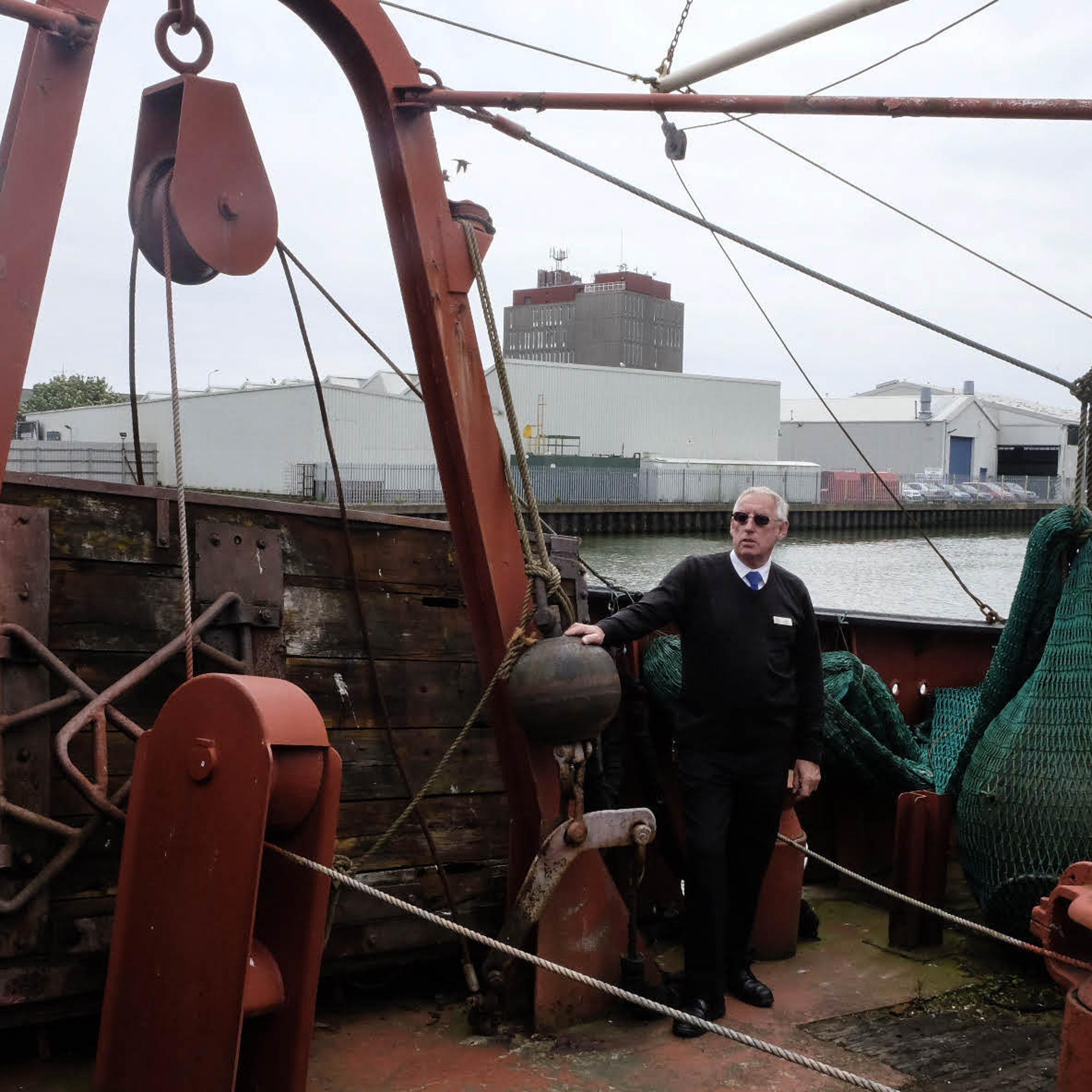 John Vincent conducts a tour on the Ross Tiger, now a part of the Grimsby Heritage Centre in the town of Grimsby, U.K., on May 28, 2015.
