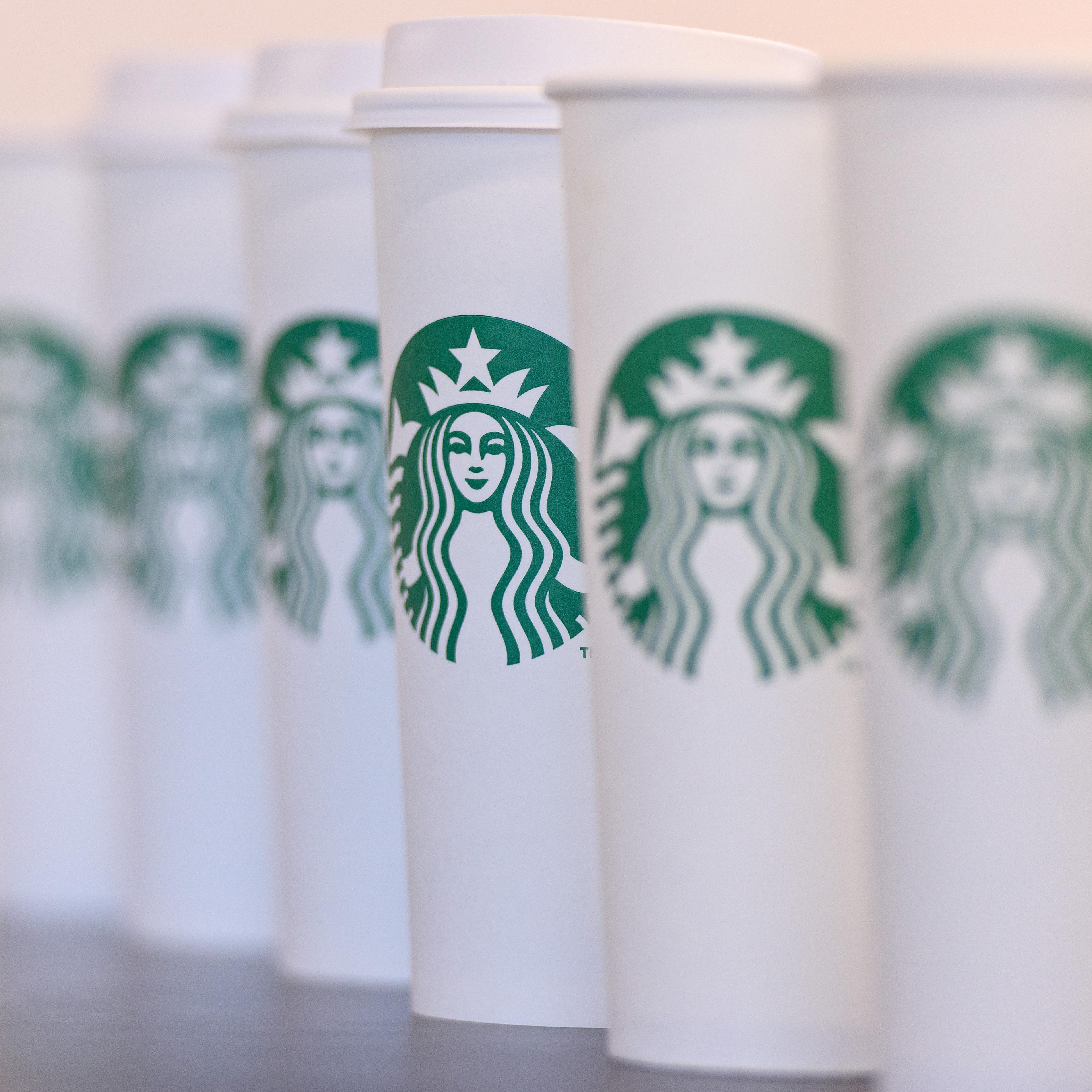 A collection of venti sized Starbucks take away cups on February 18, 2016 in London, England.