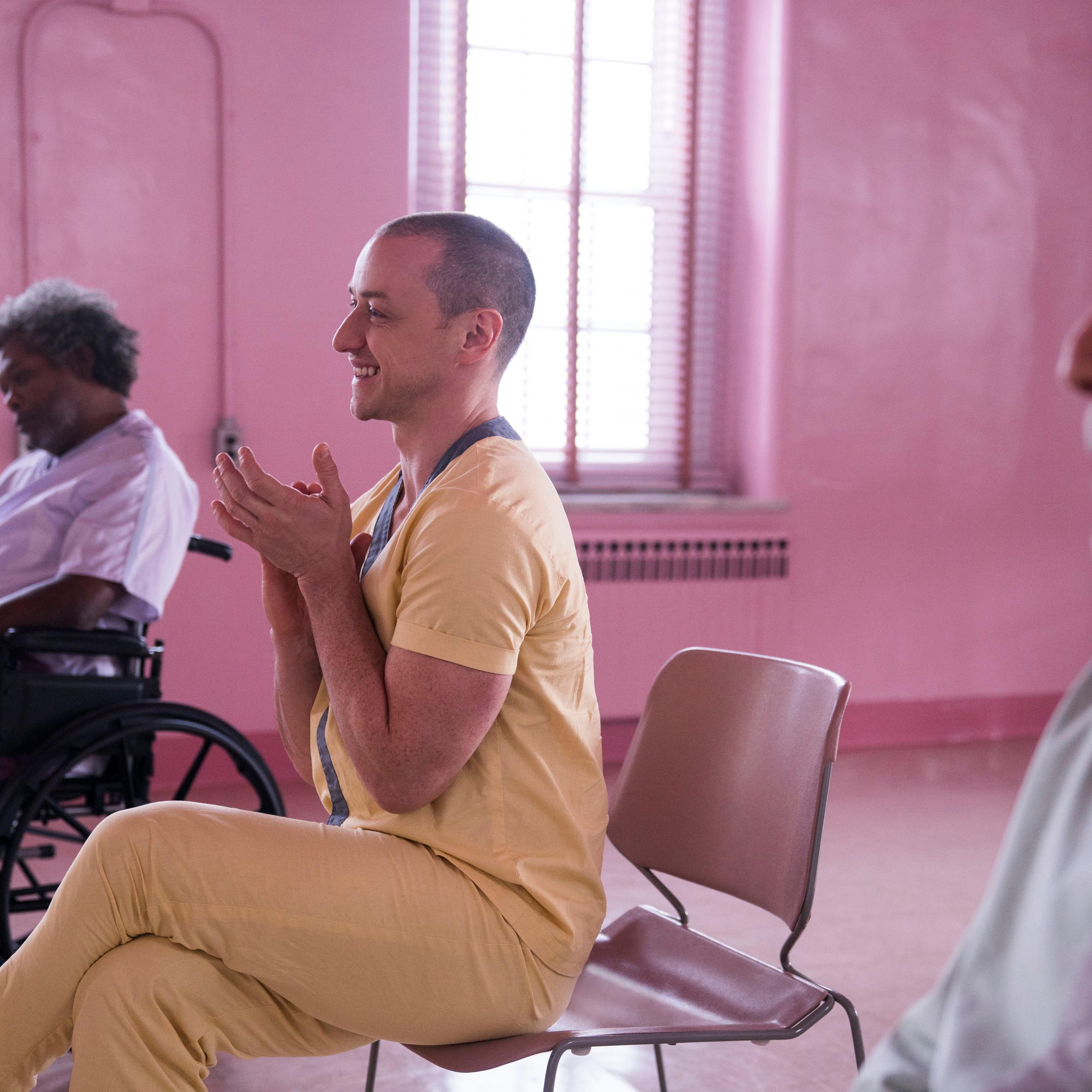 Samuel L. Jackson as Elijah Price/Mr. Glass, James McAvoy as Kevin Wendell Crumb/The Horde, and Bruce Willis as David in 'Glass'