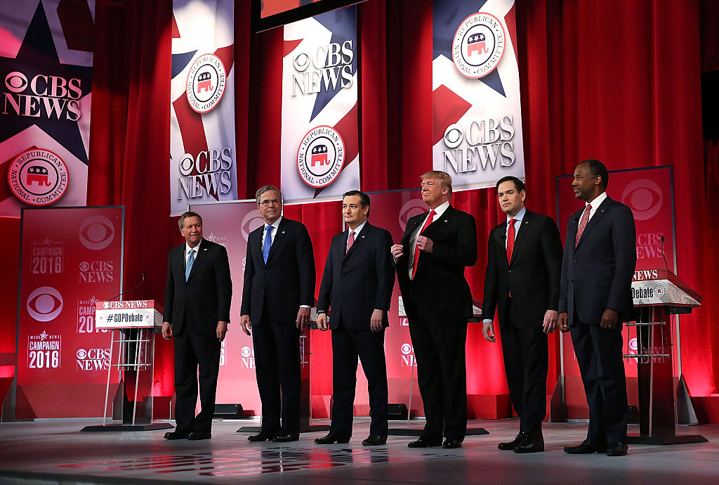 Republican presidential candidates (L-R) Ohio Governor John Kasich, Jeb Bush, Sen. Ted Cruz (R-TX), Donald Trump, Sen. Marco Rubio (R-FL) and Ben Carson stand on stage during a CBS News GOP Debate on Feb. 13 at the Peace Center in Greenville, South Carol